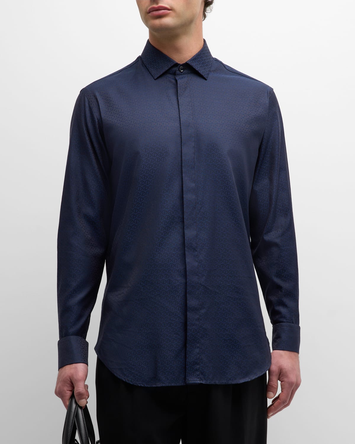 Shop Giorgio Armani Men's Tonal Micro Logo Formal Shirt In Solid Dark Blue