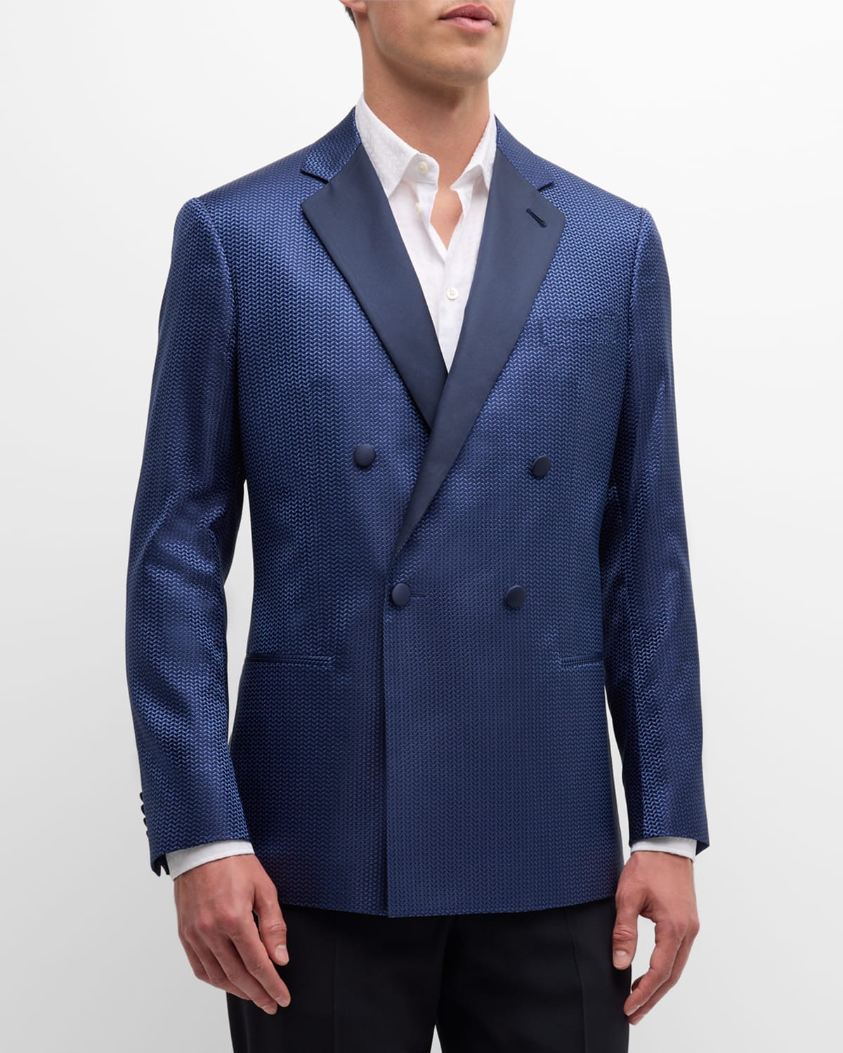 Shop Giorgio Armani Men's Chevron Double-breasted Dinner Jacket In Solid Dark Blue