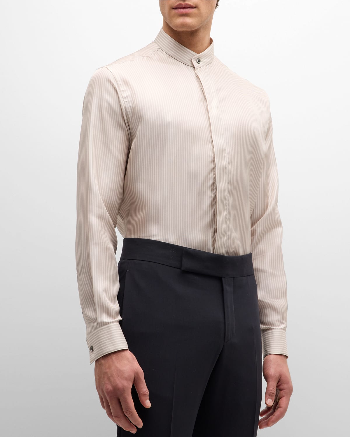 Shop Giorgio Armani Men's Micro-striped Silk Formal Shirt In Silver