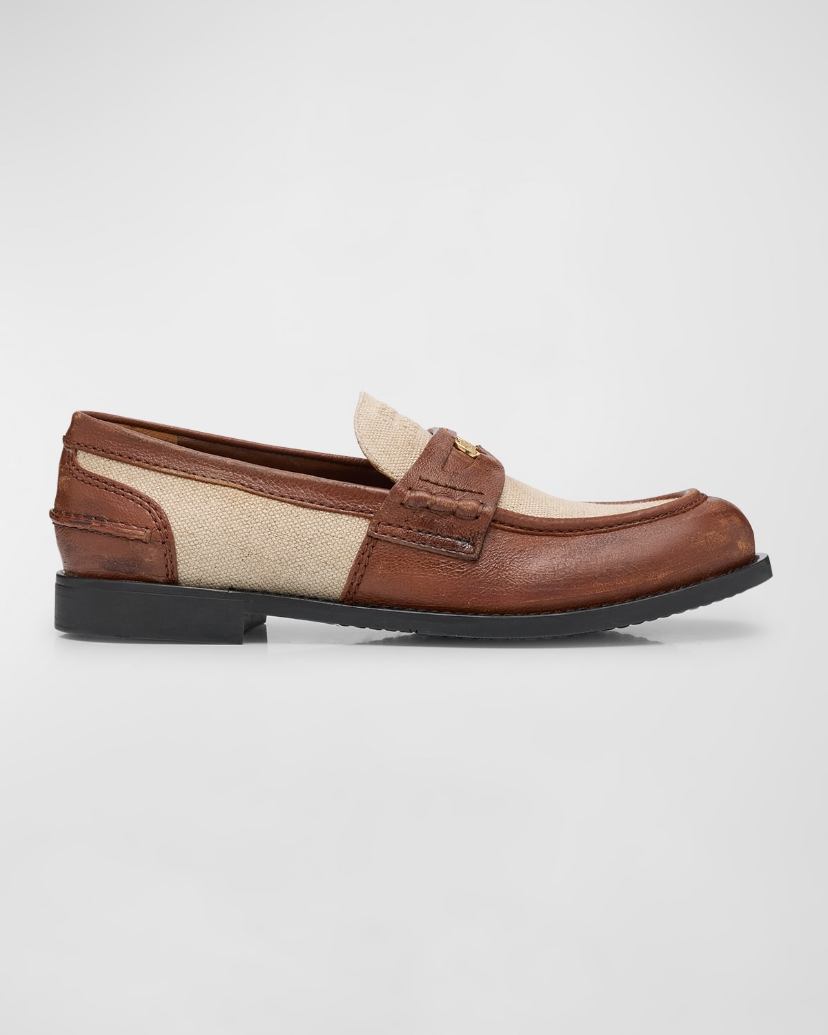 Shop Miu Miu Linen Leather Penny Loafers In Bruciacor