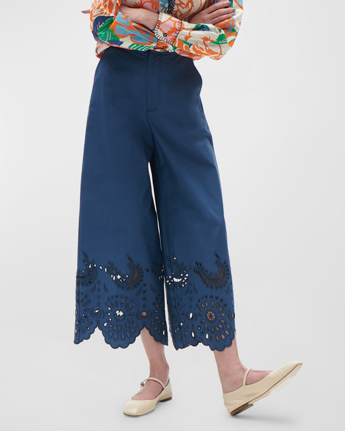 Shop Figue Ramona Eyelet Embroidered Wide-leg Crop Pants In Slate Navy