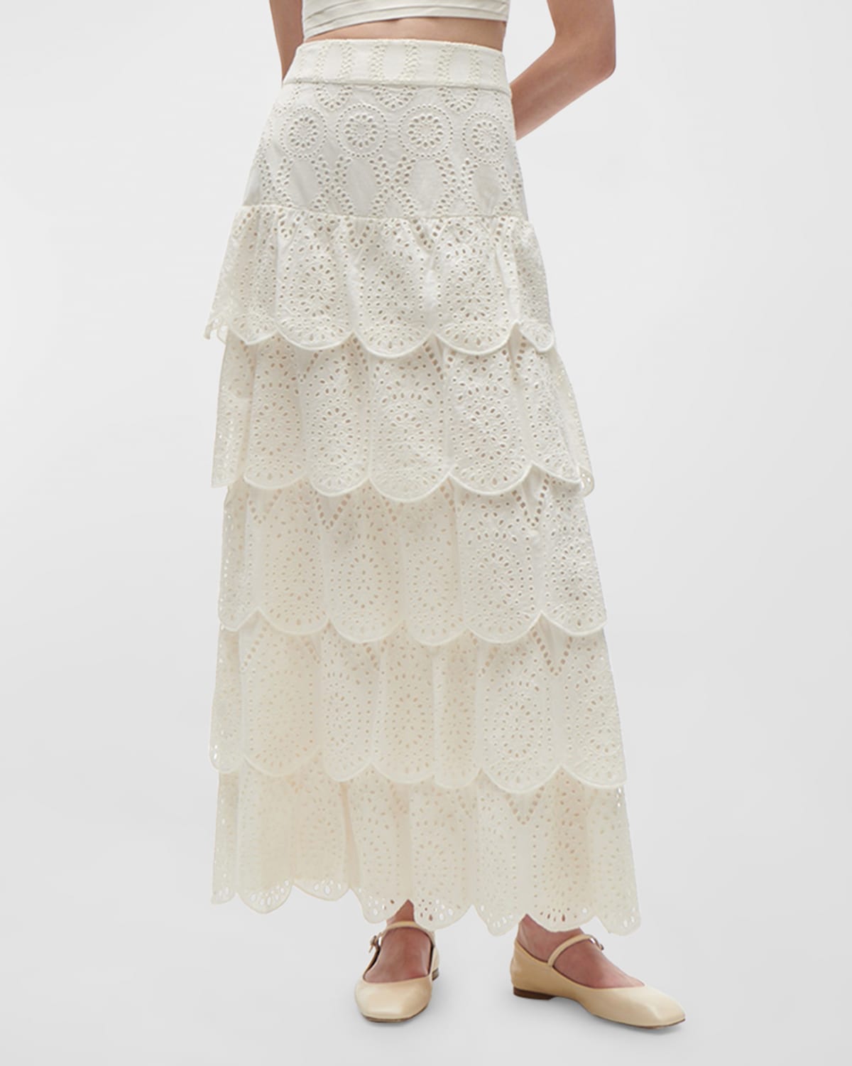 Gwenyth Tiered Ruffle Eyelet Embroidered Maxi Skirt