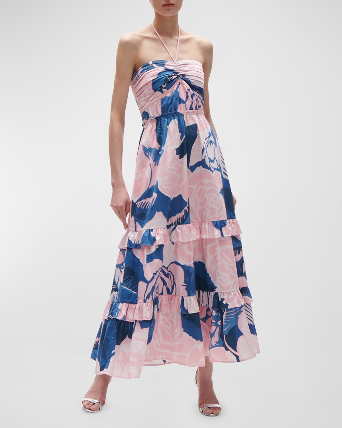 Shop Figue June Floral-print Ruffle Halter Maxi Dress In Rose Garden Blue