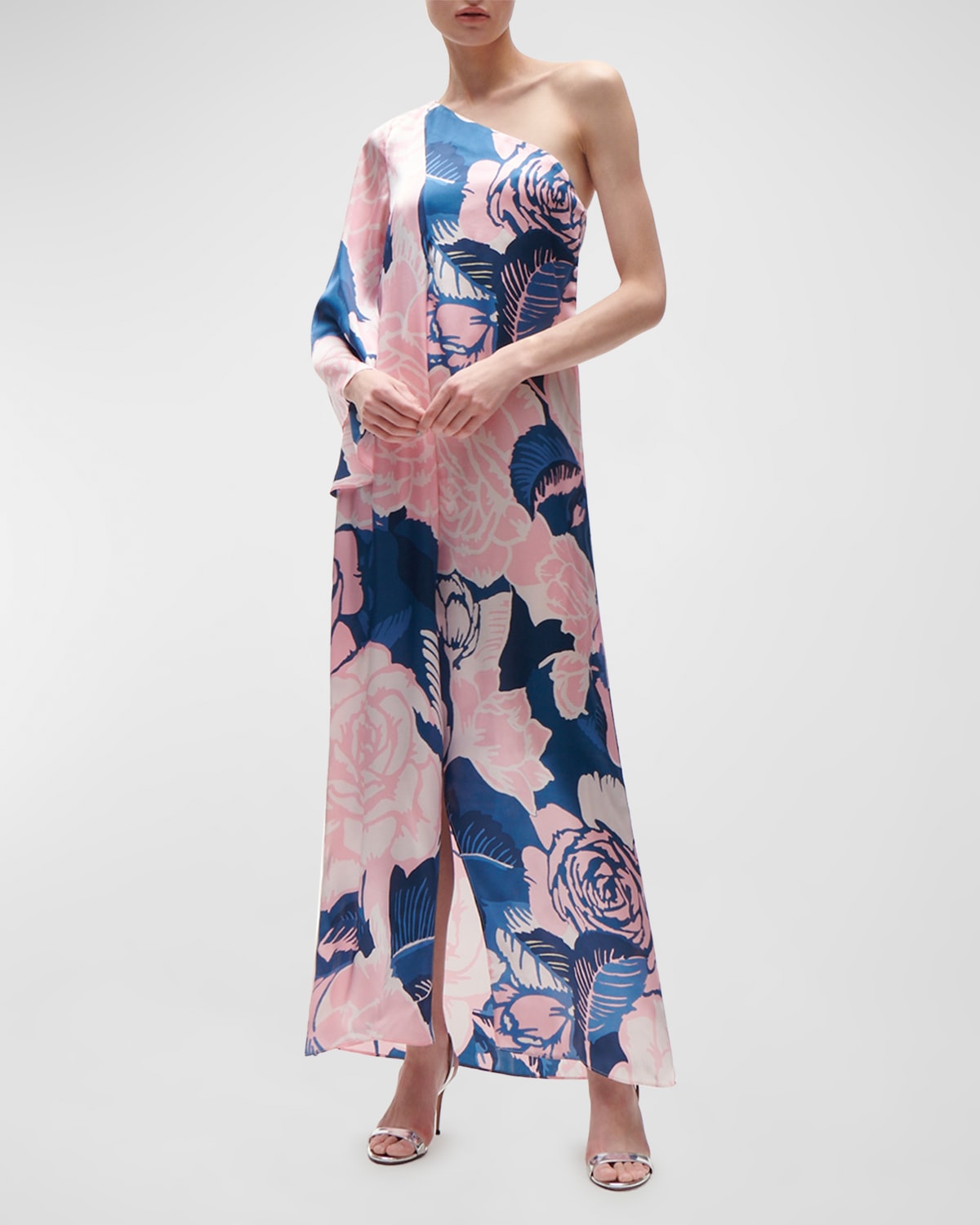 Shop Figue Greta Floral-print One-shoulder Slit-hem Silk Maxi Dress In Rose Garden Blue