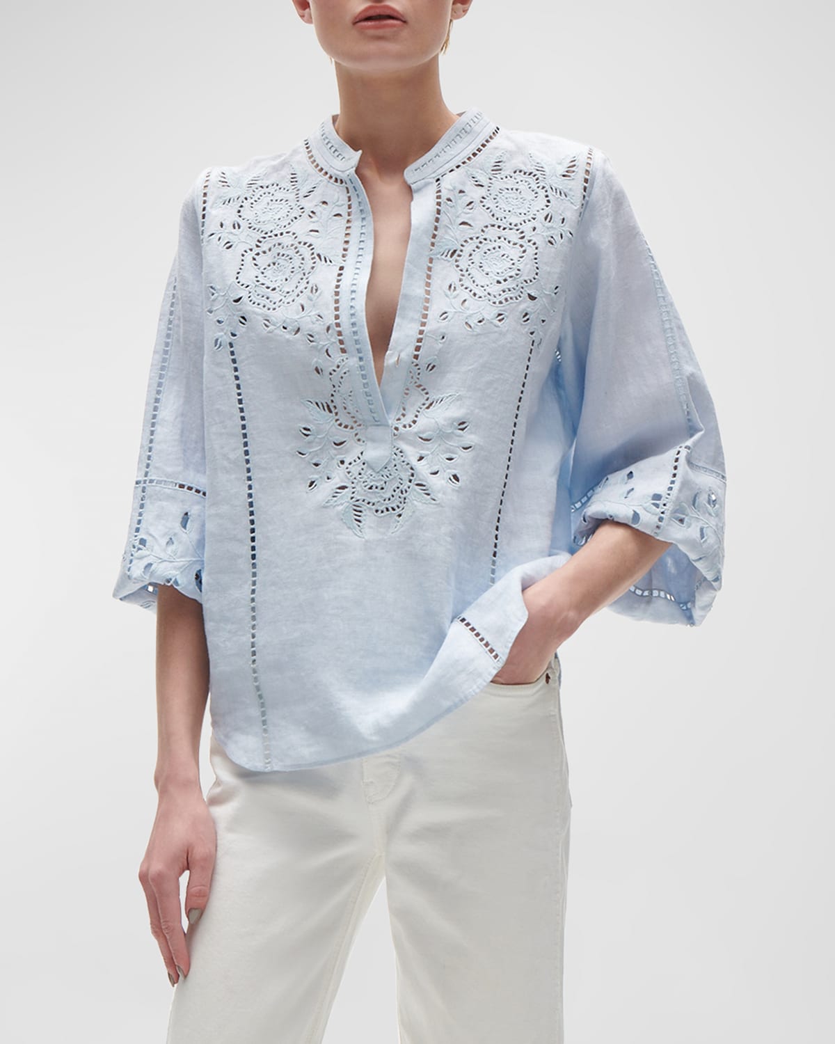 Shop Figue Rylie Broderie Anglaise Long-sleeve Linen Top In Soft Blue