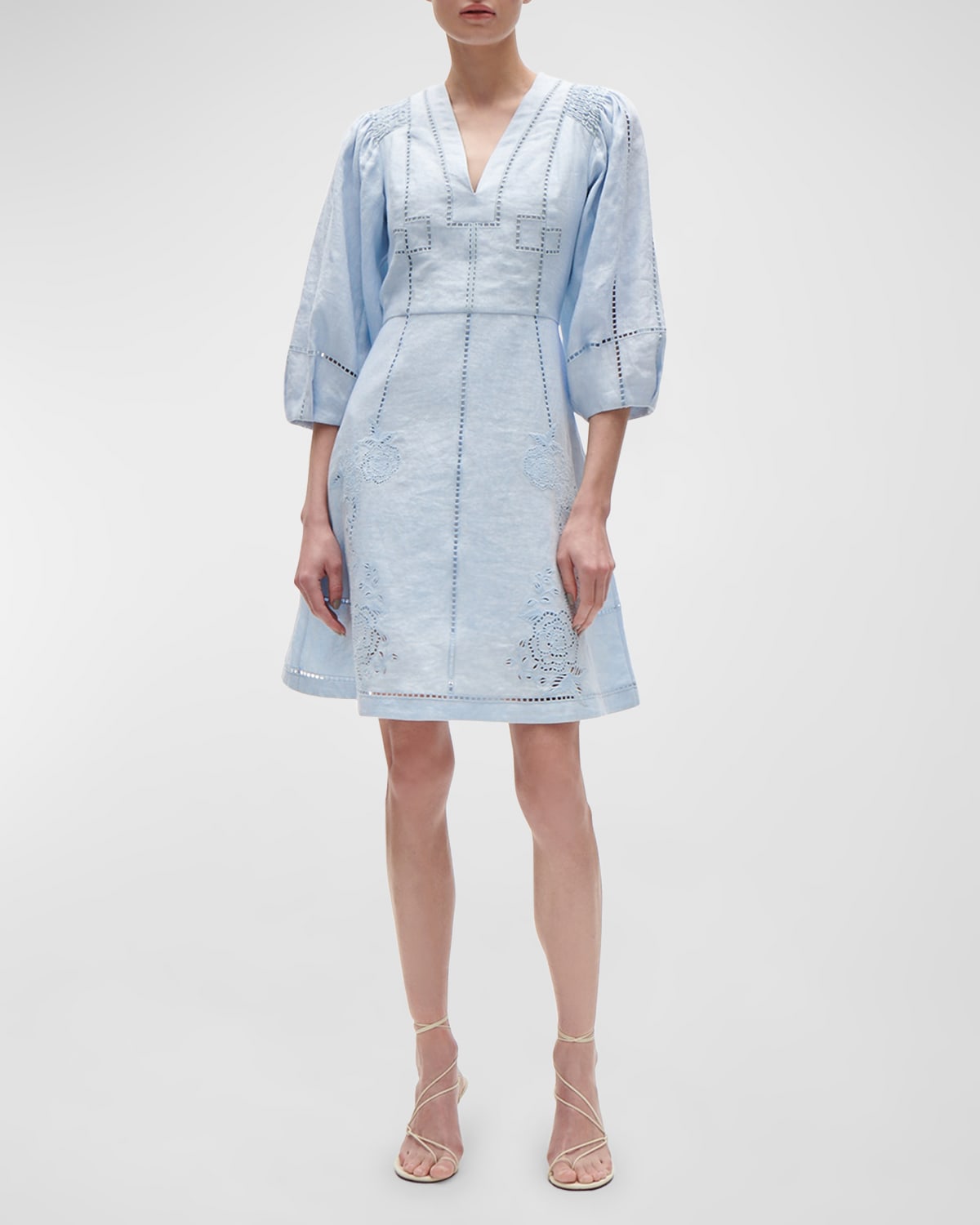 Shop Figue Verna Lattice Embroidered 3/4-sleeve Linen Mini Dress In Soft Blue
