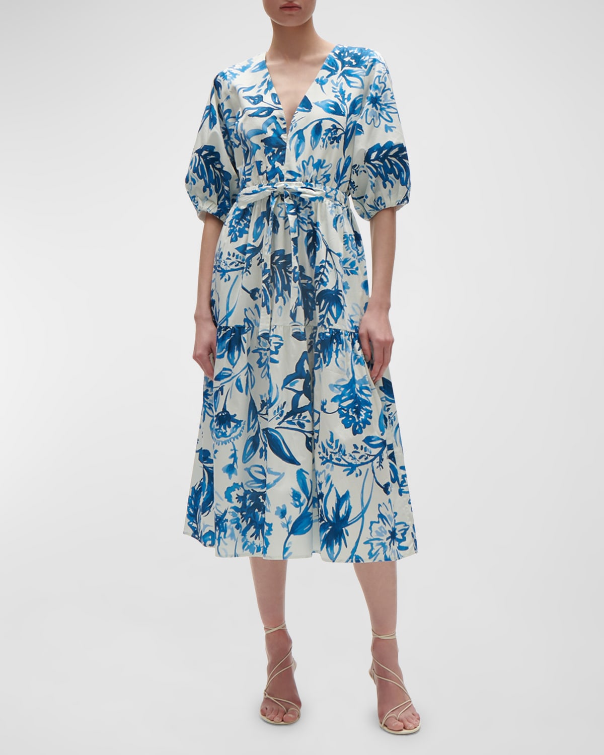 Joyce Floral-Print Puff-Sleeve Midi Dress