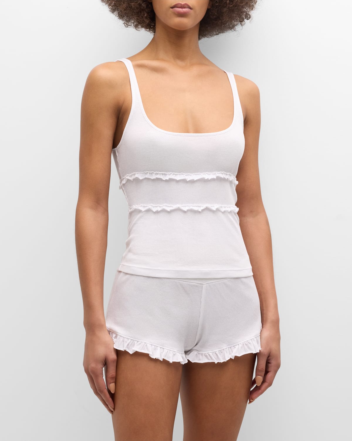 Shop Skin Ramie Ribbed Ruffle-trim Pima Cotton Pajama Set In White