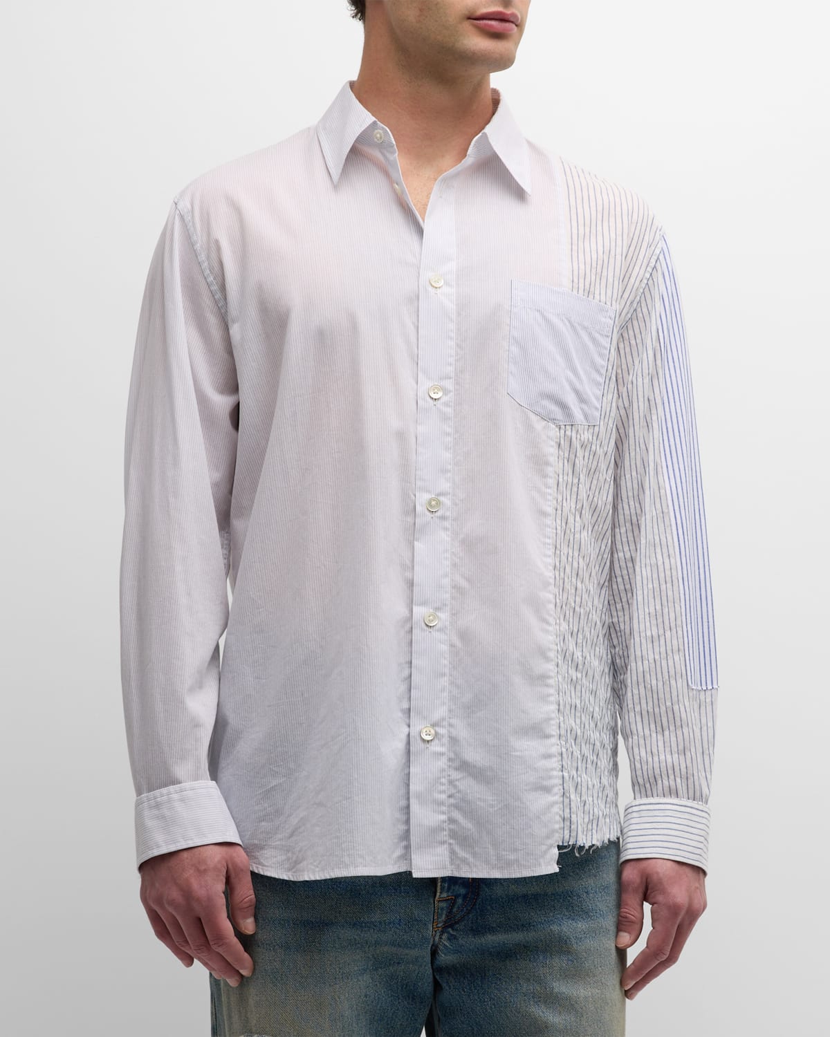 Shop John Elliott Men's Paneled Cloak Button-down Shirt In Blue/white