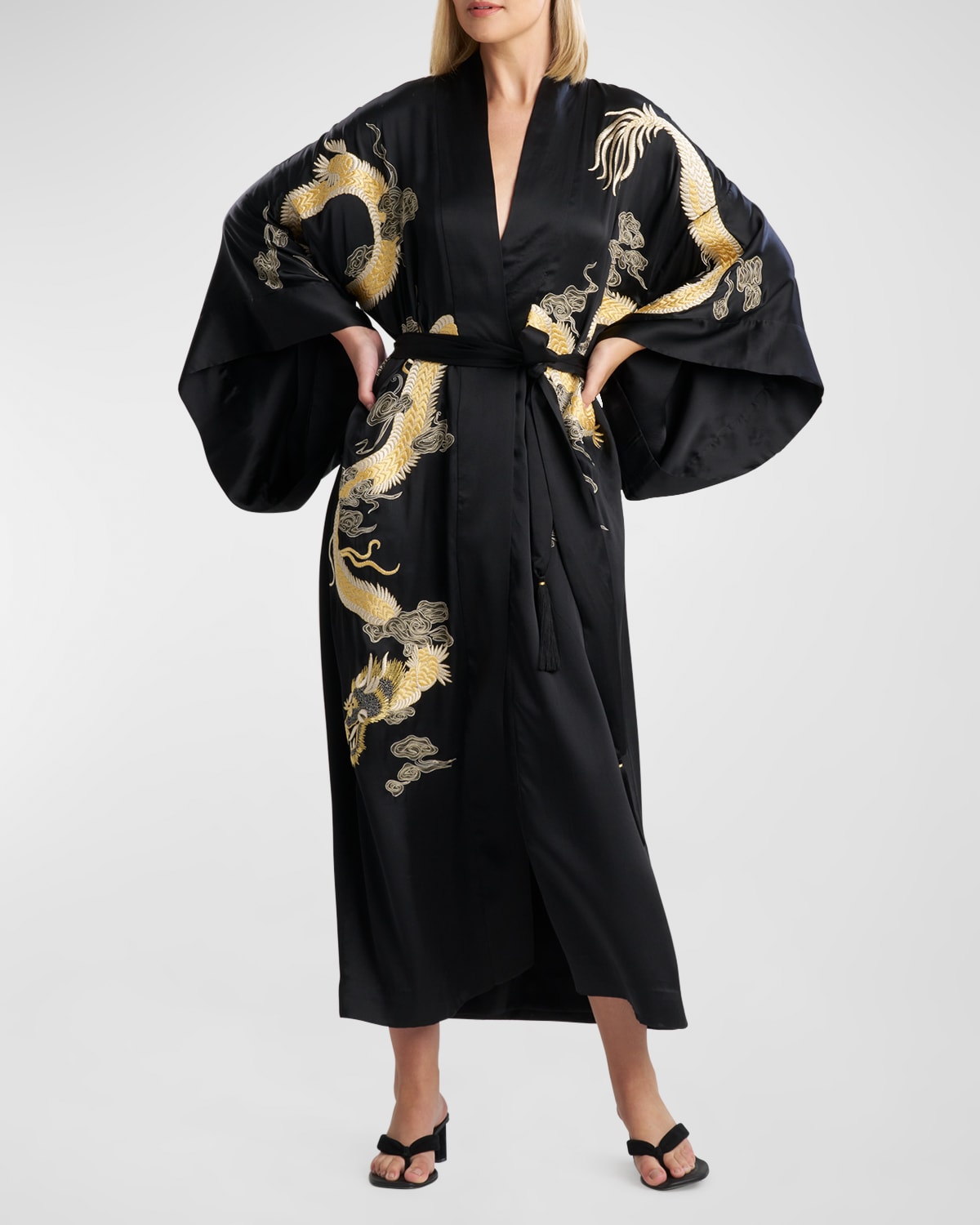 Shop Josie Natori Lucky Dragon Embroidered Silk Charmeuse Robe In Black