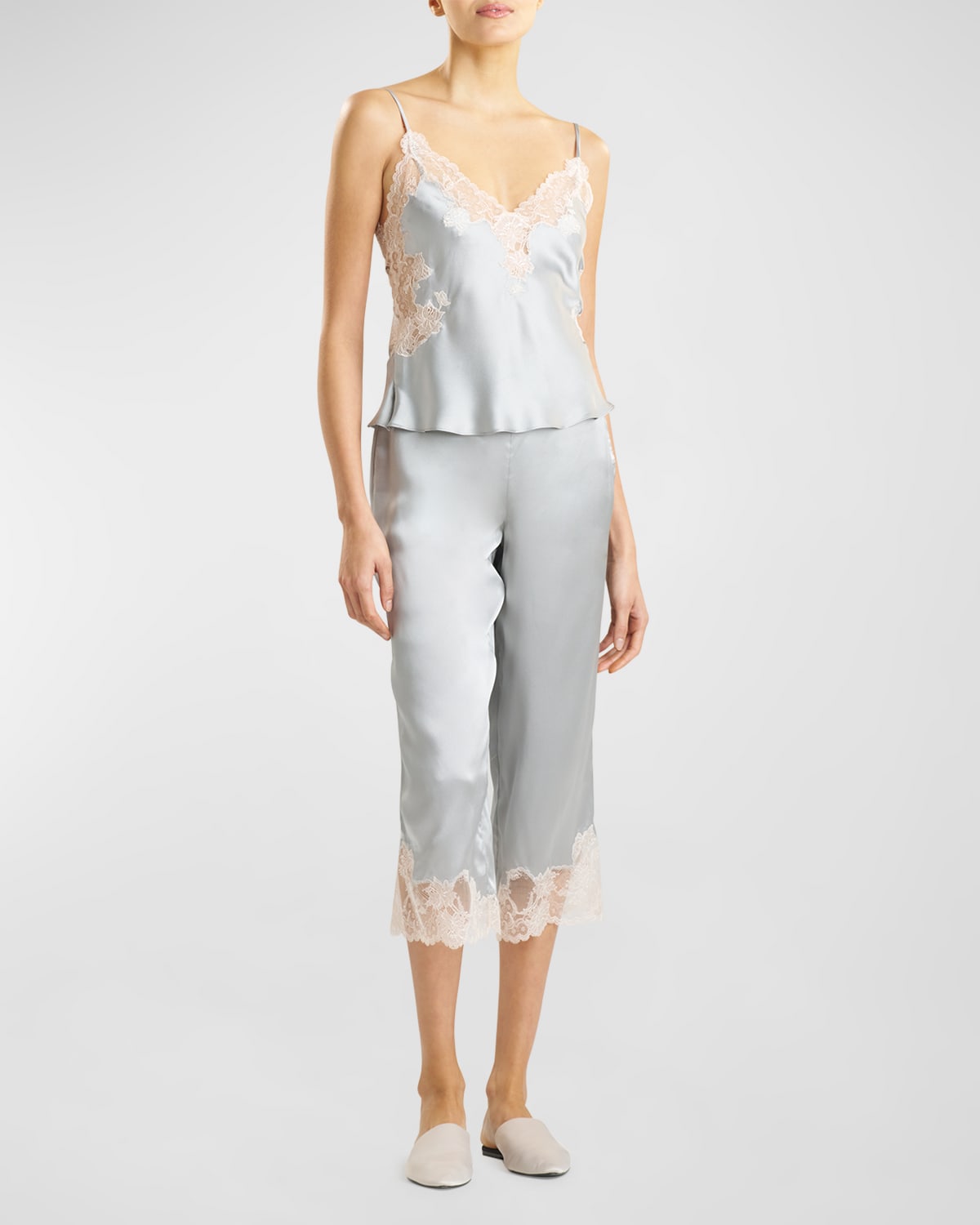 Shop Josie Natori Lolita Cropped Lace-trim Charmeuse Pajama Set In Silver W Ecru