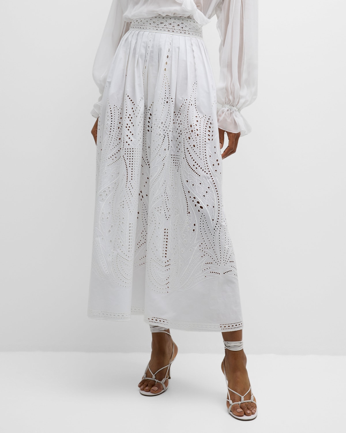Alberta Ferretti Eyelet Embroidered Pleated Midi Skirt In White