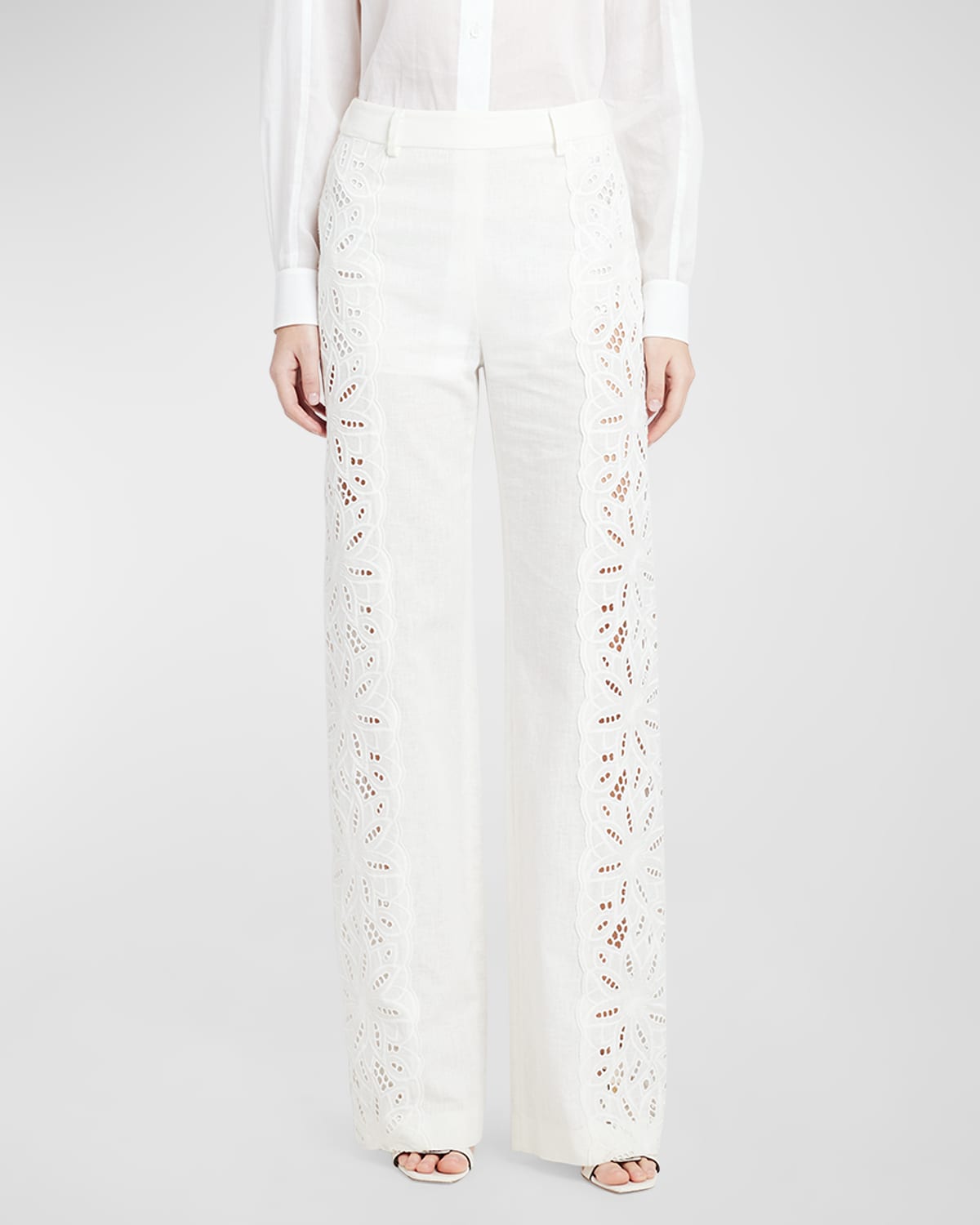 Shop Alberta Ferretti High-rise Eyelet Embroidered Straight-leg Trousers In White
