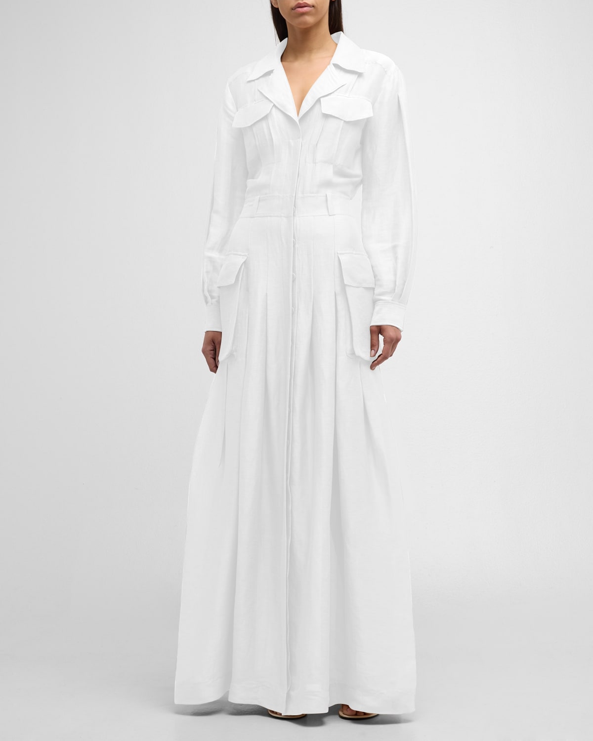 Shop Alberta Ferretti Scoop-neck Pleated Slit-hem Maxi Shirtdress In White
