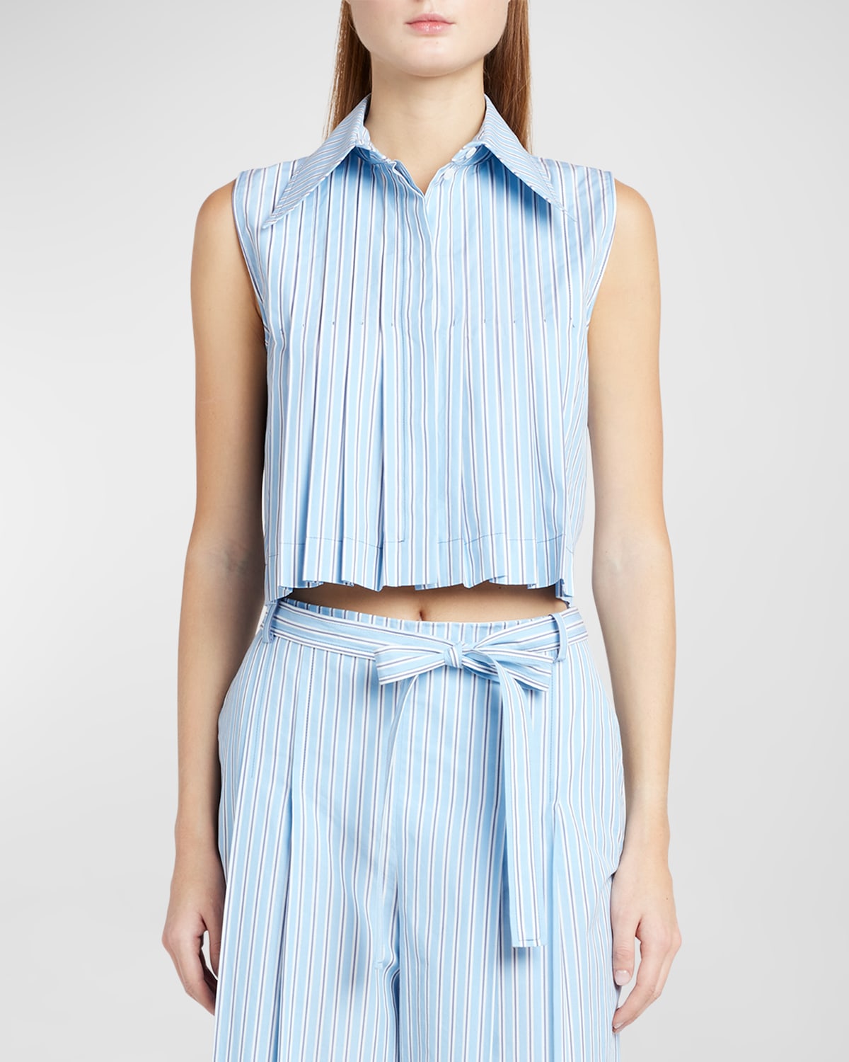 Stripe Pleated Collared Crop Blouse