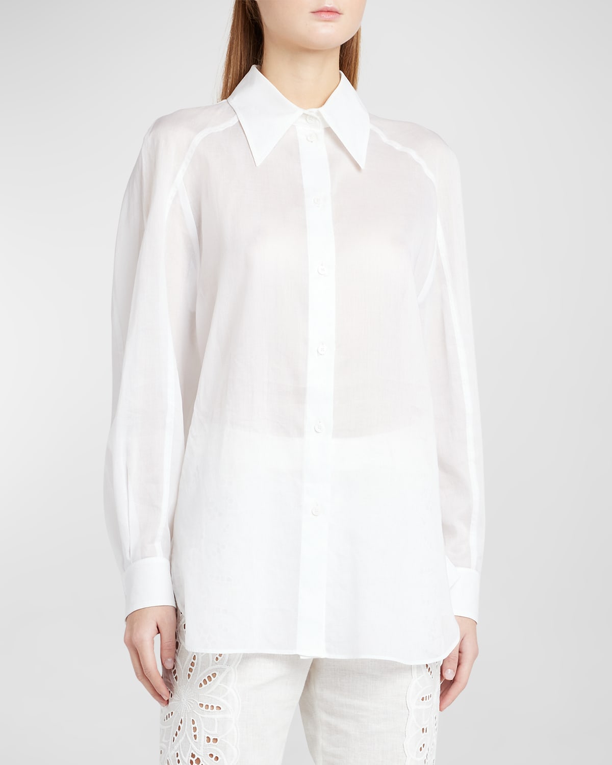 Alberta Ferretti Blouson-sleeve Cotton Collared Blouse In White