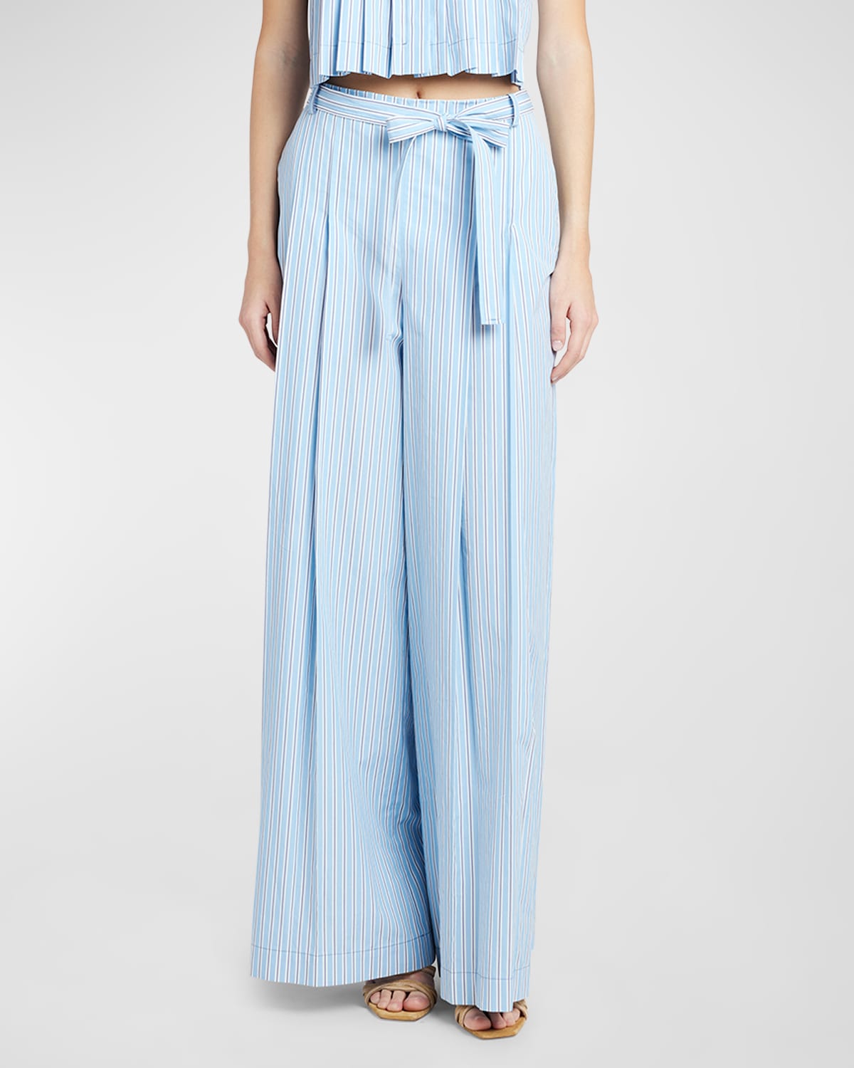 Shop Alberta Ferretti Striped Pleated Wide-leg Belted Trousers In Blue Multi