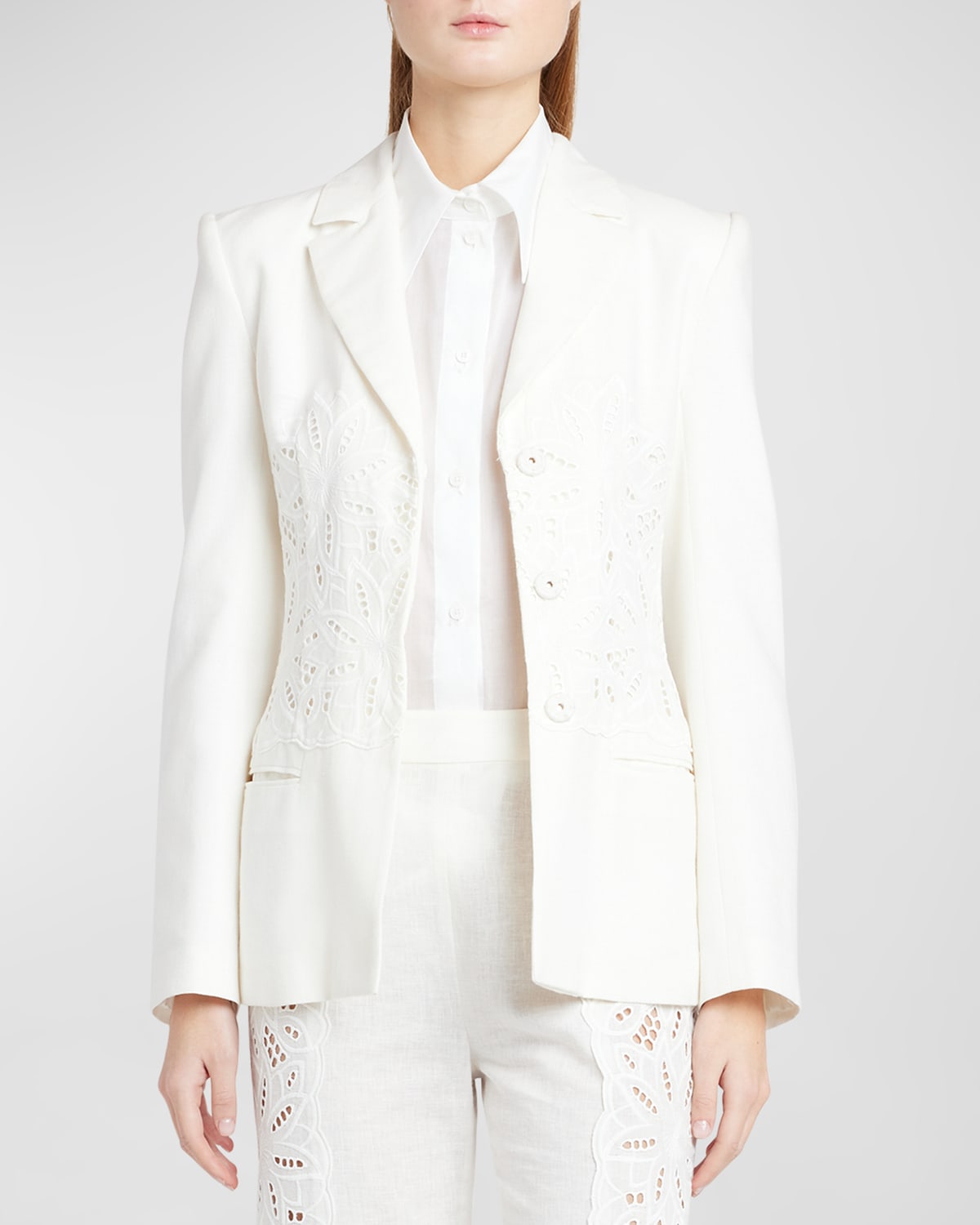 Shop Alberta Ferretti Eyelet Embroidered Single-breasted Blazer Jacket In White