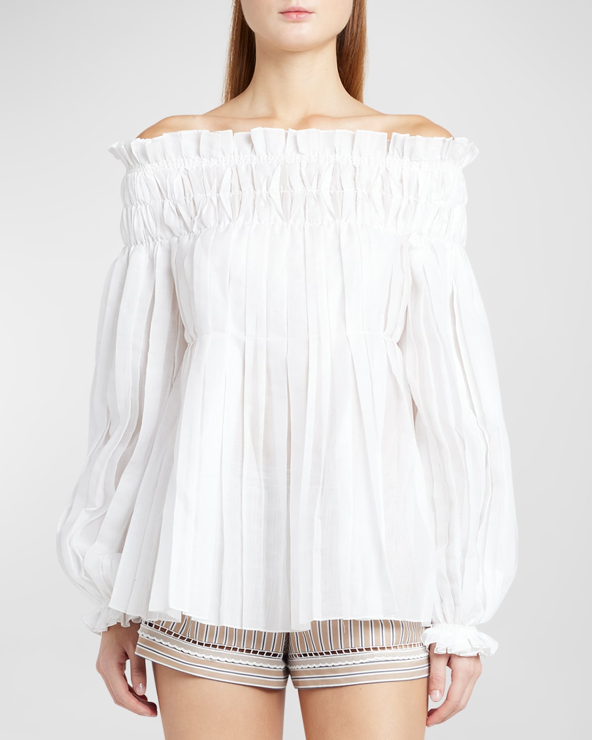 Shop Alberta Ferretti Pleated Off-the-shoulder Long-sleeve Blouse In White