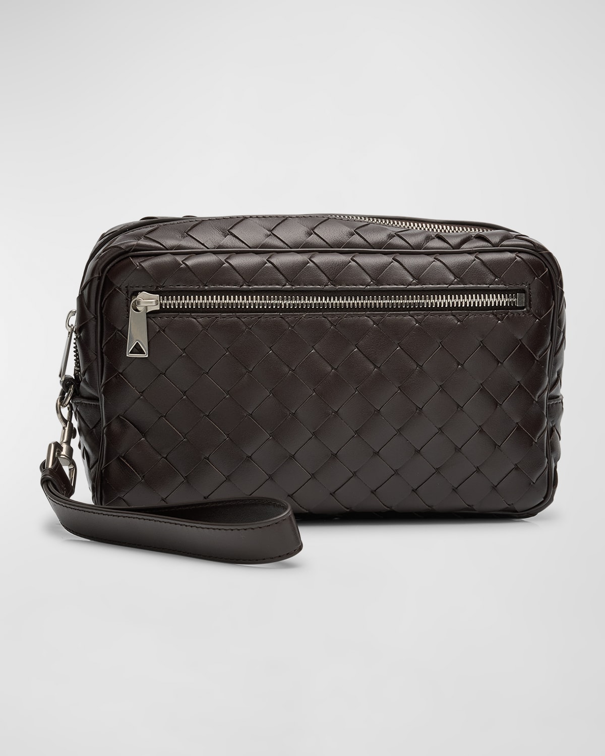 Shop Bottega Veneta Men's Intrecciato Leather Pouch With Wristlet In Silvernat.