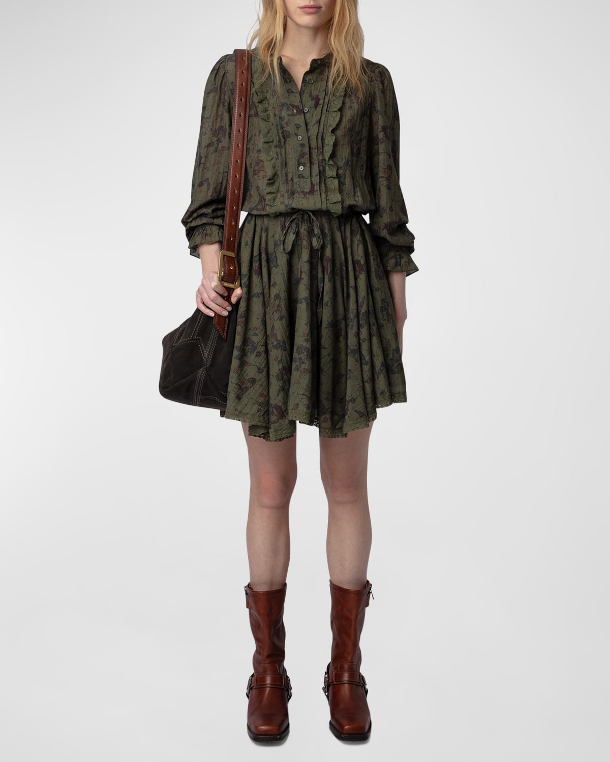 Shop Zadig & Voltaire Ranil Tomboy Holly Long-sleeve Mini Dress In Kaki