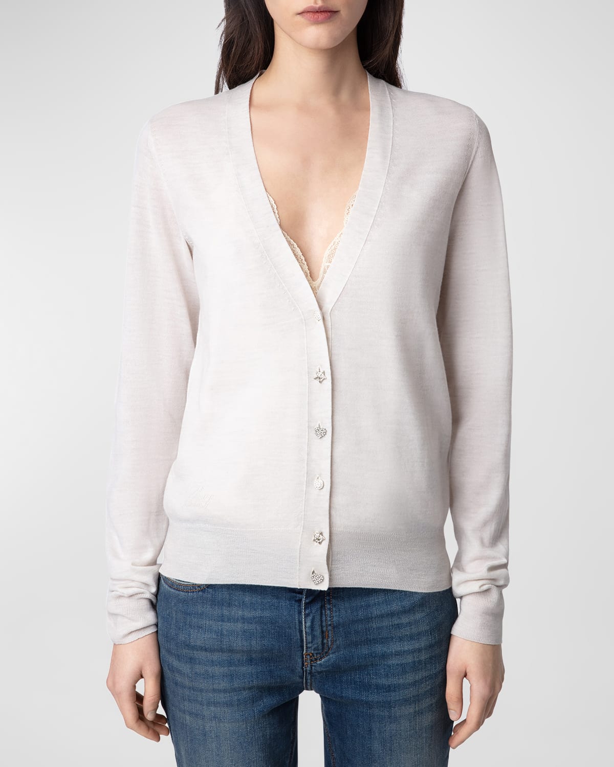 Shop Zadig & Voltaire Jemmy Crystal Icon Button-front Wool Cardigan In Neige