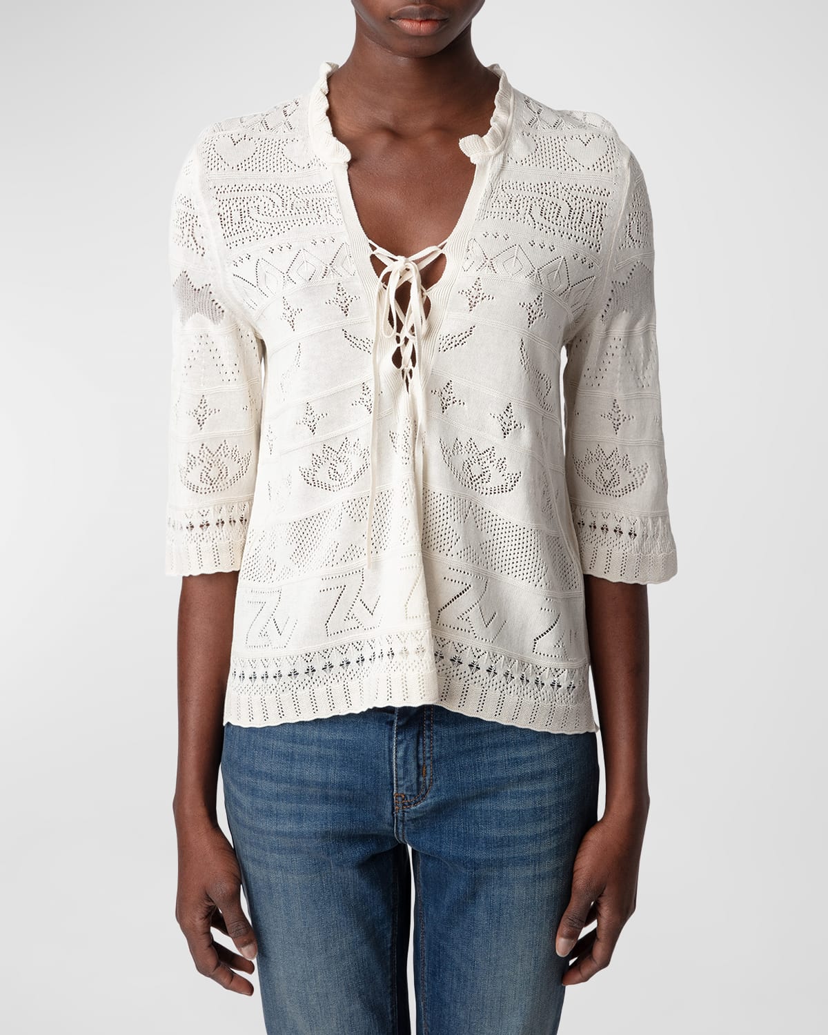 Zadig & Voltaire Taho Lace-up Pointelle Knit Sweater In Ecru