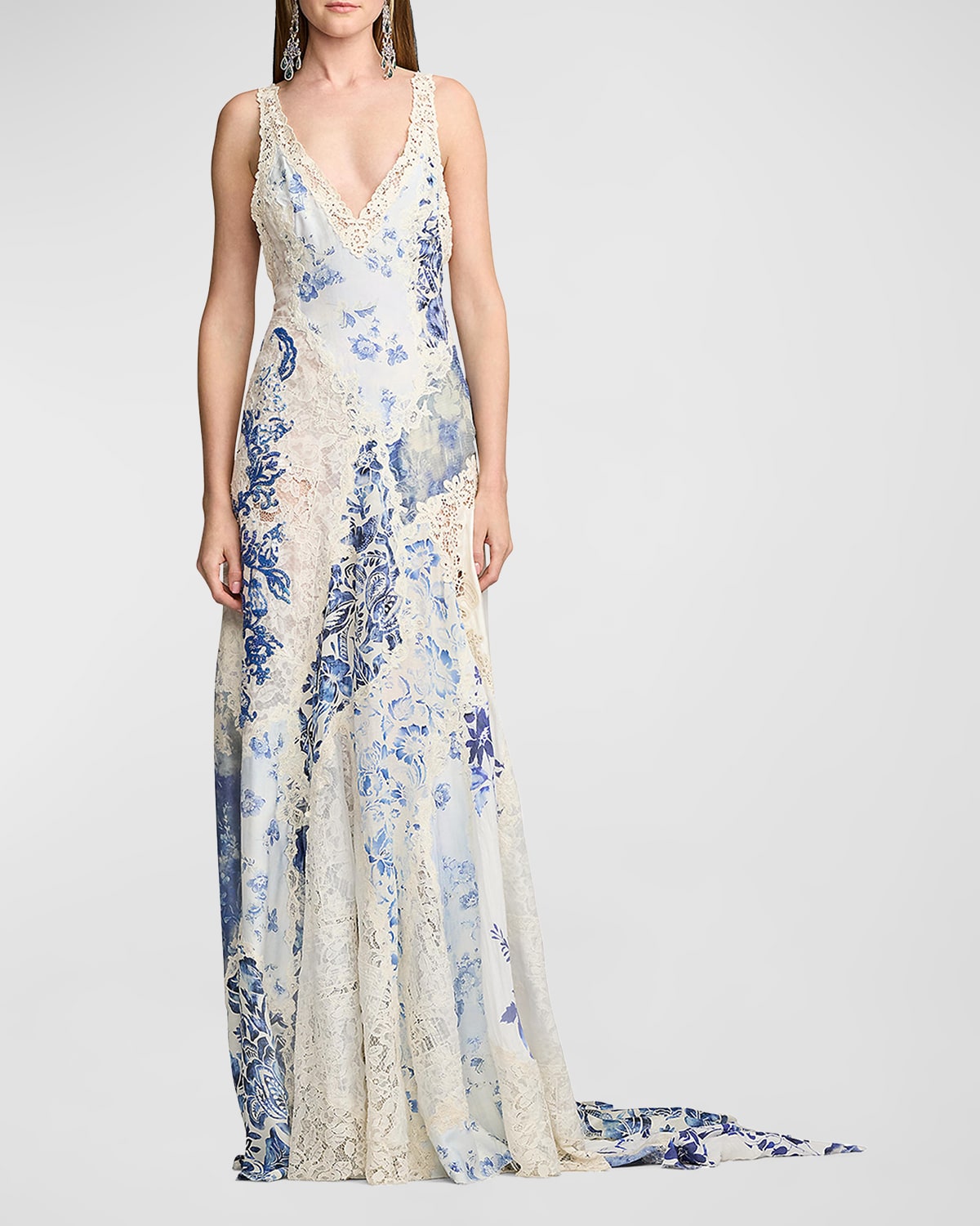 Ralph Lauren Harling Plunging Patchwork Lace-trim Backless Gown In Blue Multi