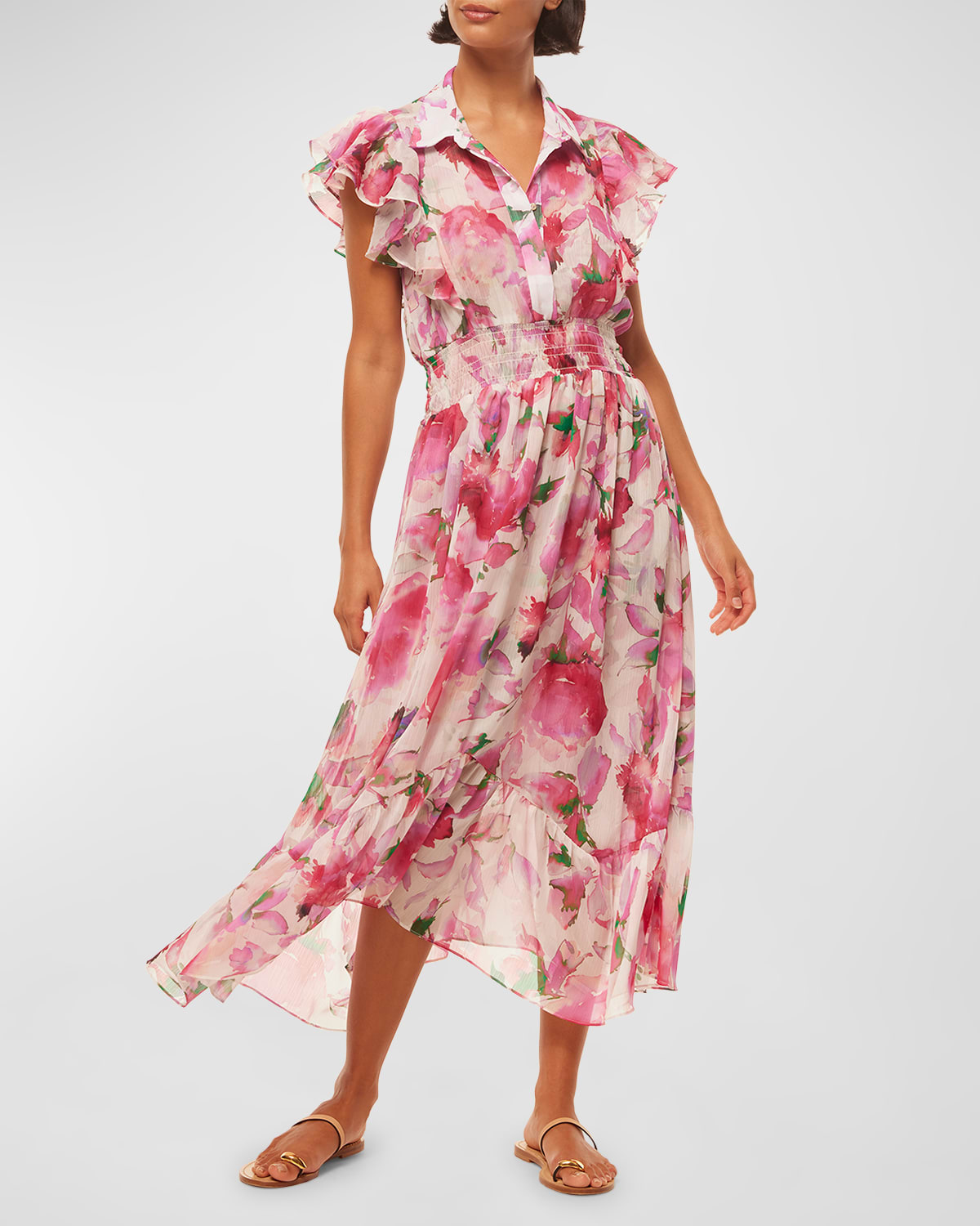 Shop Misa Florencia Ombré Short-sleeve Midi Dress In Garden Fuschia