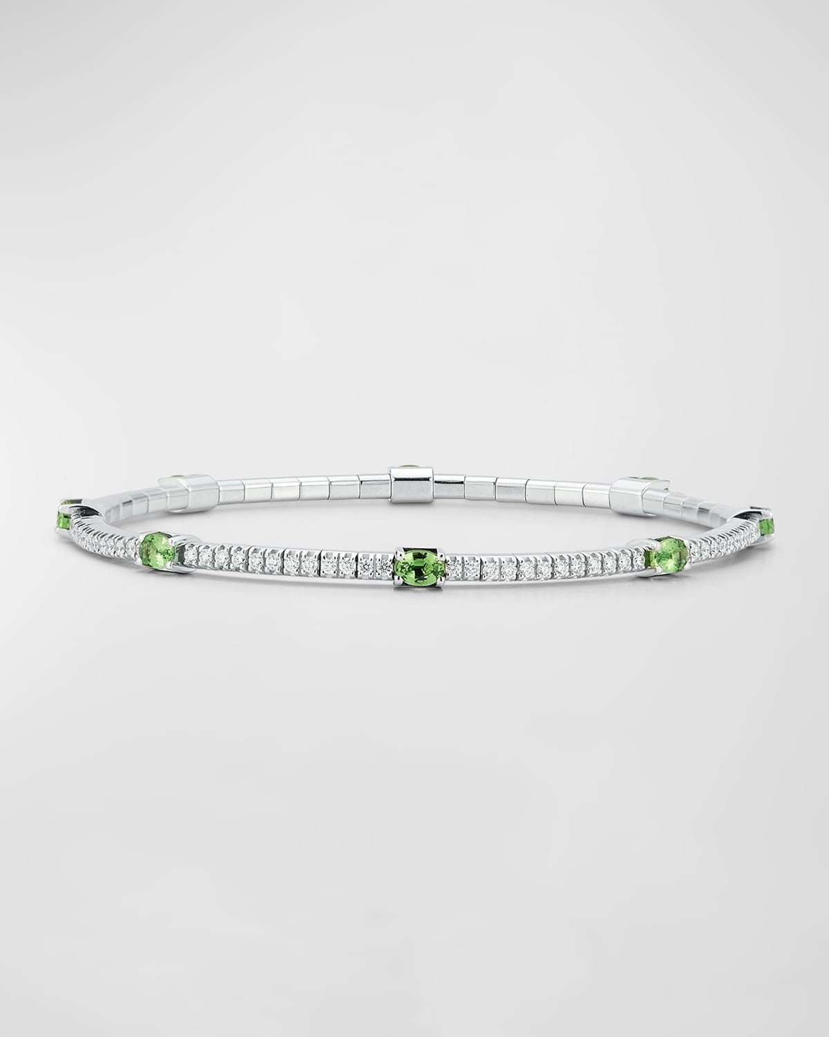 Ex-tensible 18k White Gold Oval Tsavorite And Diamond Stretch Tennis Bracelet In Green/white