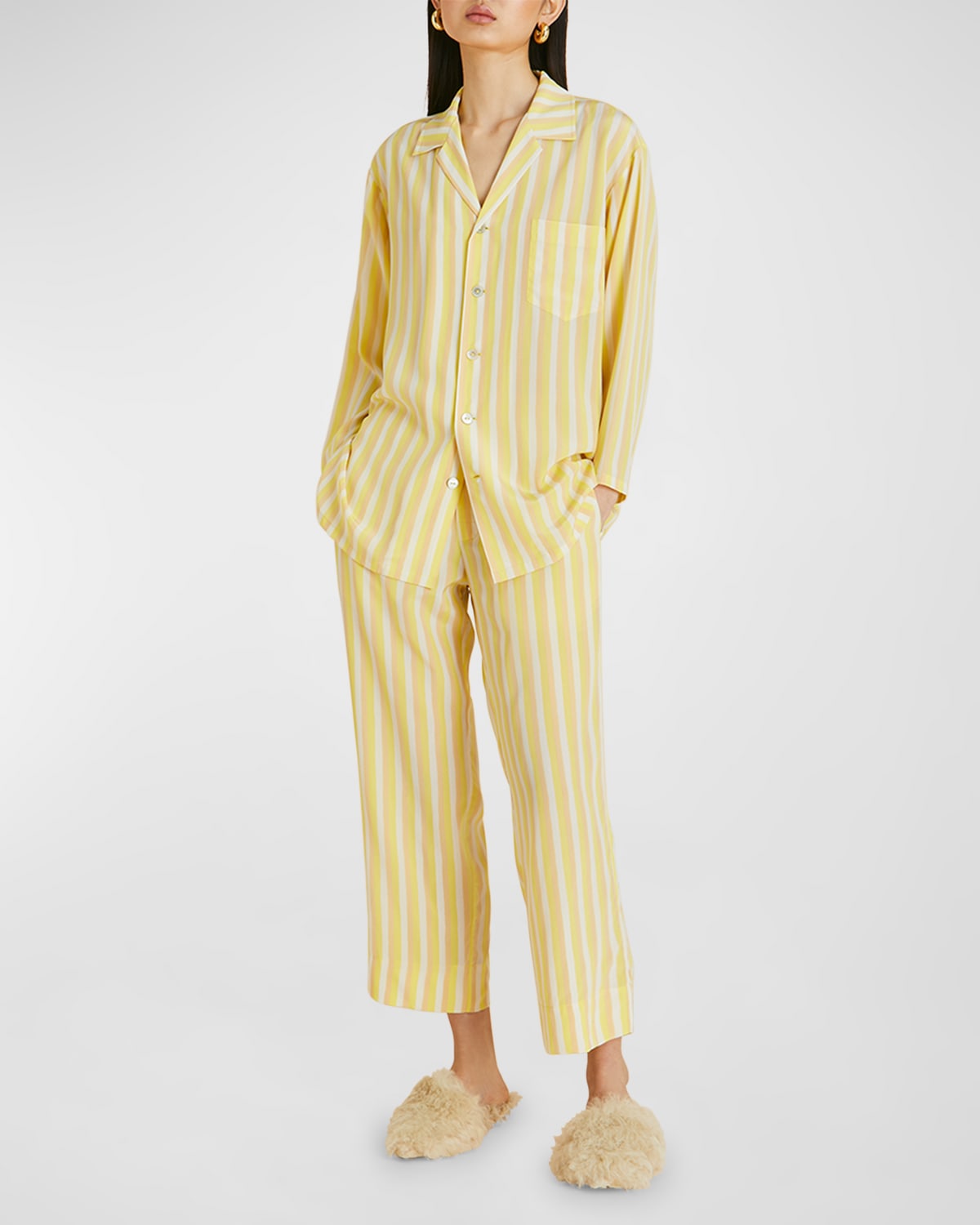 Shop Olivia Von Halle Casablanca Striped Silk Pajama Set In Polaris