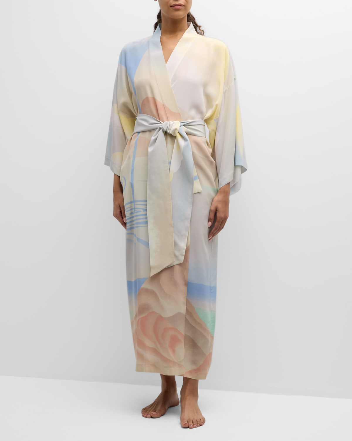 Olivia Von Halle Queenie Landscape-print Silk Kimono Robe In Ecliptic