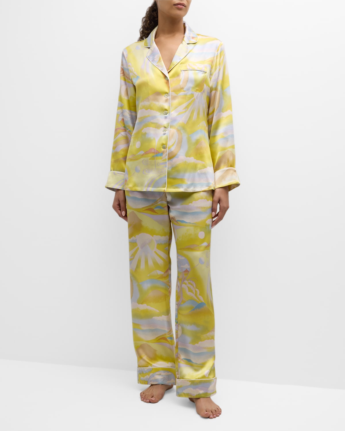 Shop Olivia Von Halle Lila Landscape-print Silk Satin Pajama Set In Eris