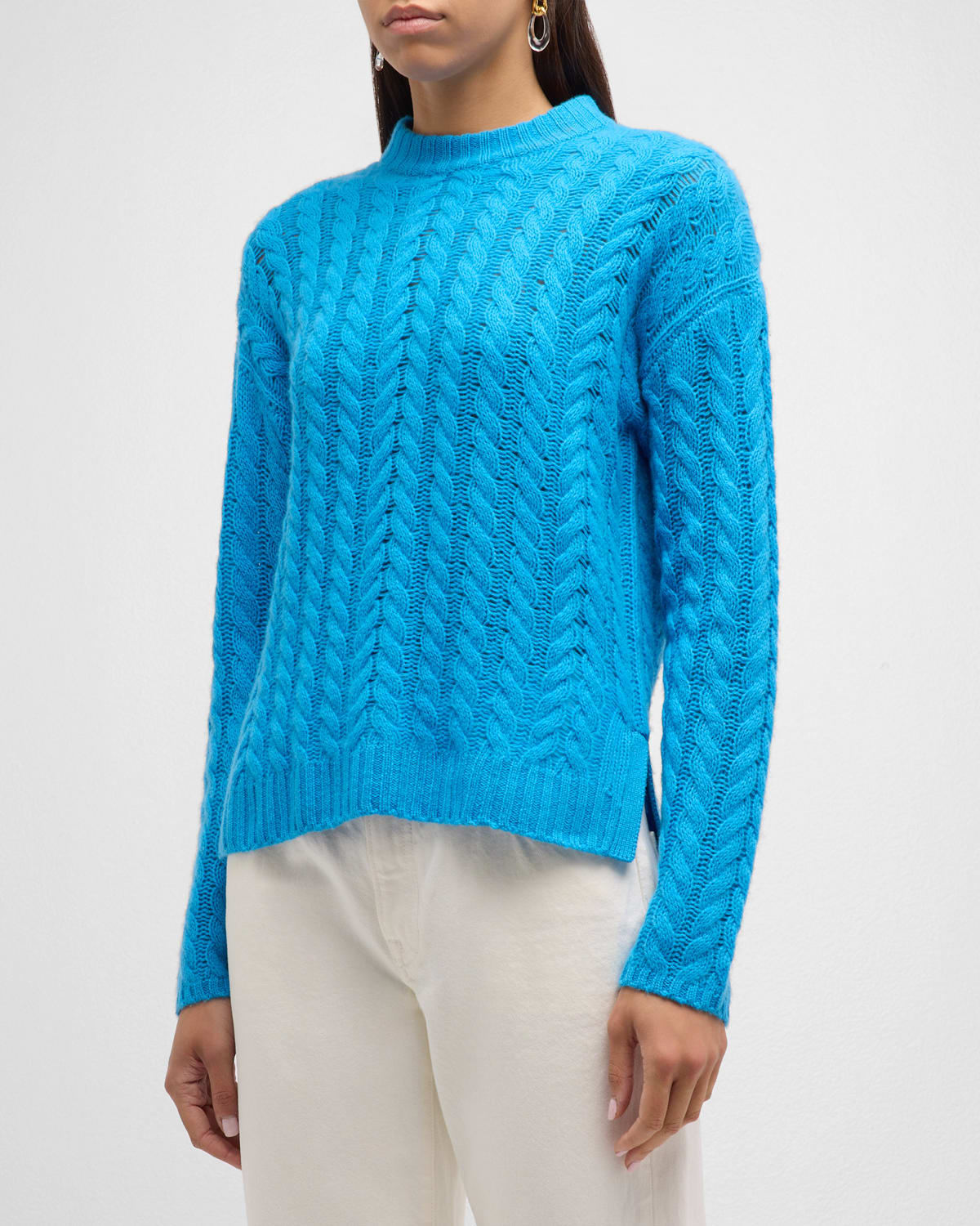 Shop Naadam Cashmere Cable-knit Crewneck Sweater In Aqua Marine
