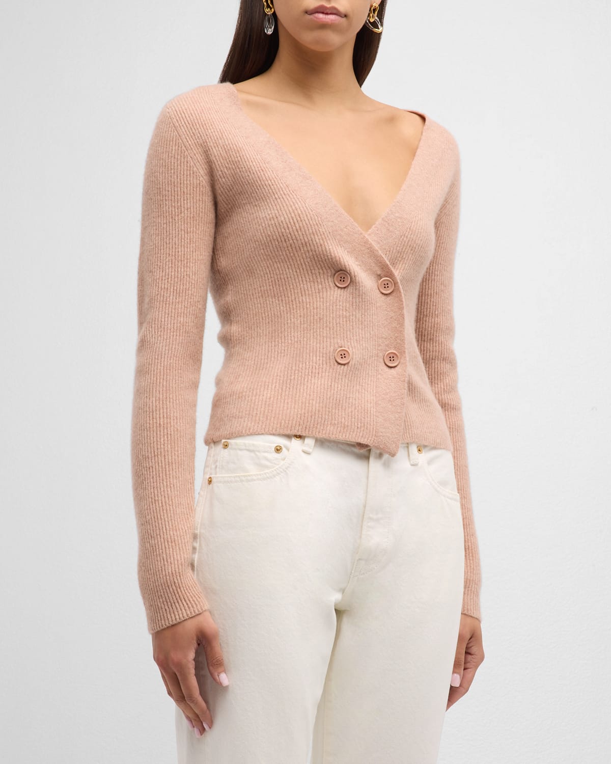 Shop Naadam Cashmere Ribbed Double-breasted Cardigan In Desert Pink