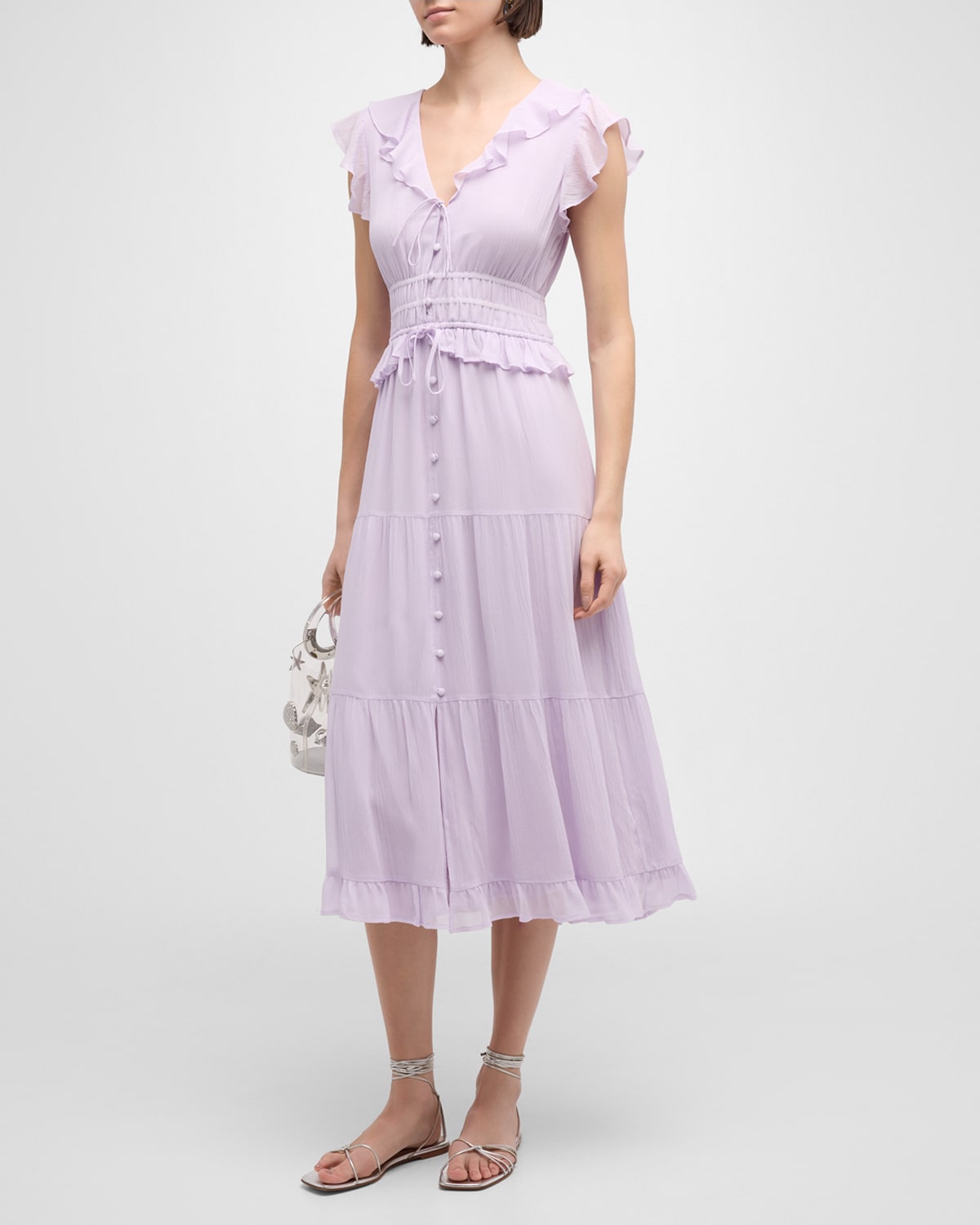 Shop Paige Paradis Ruffled Silk Midi Dress In Bright Flower