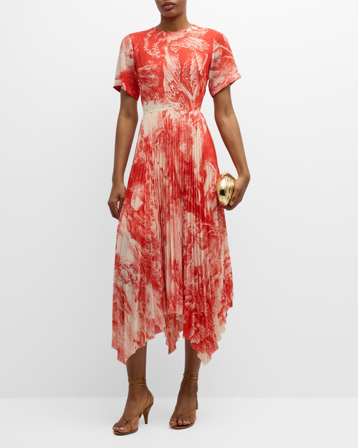 Shop Jason Wu Collection Oceanscape Printed Midi Dress With Handkerchief Hem In Chalk/coral