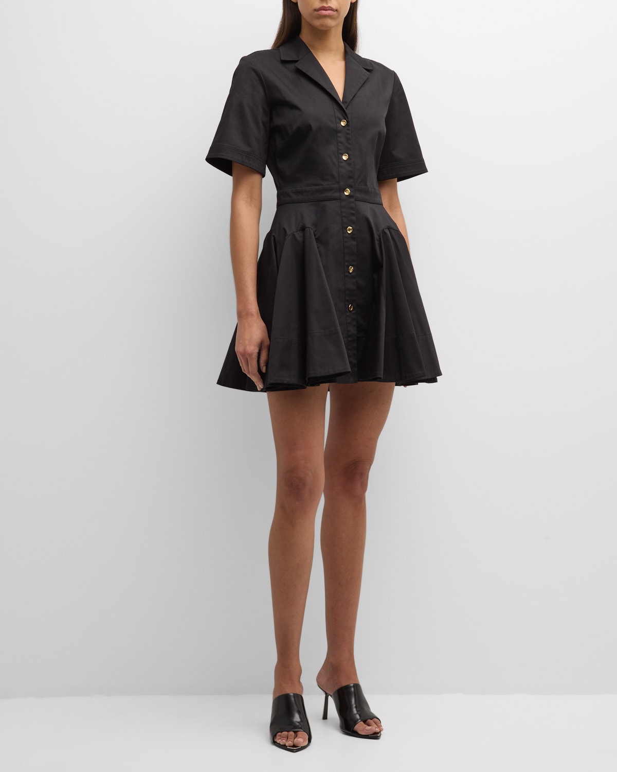 Shop Jason Wu Collection Camp-collar Short-sleeve Circular Godet Mini Shirtdress In Black