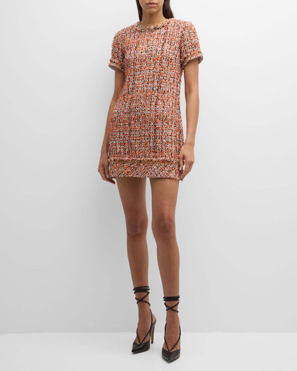 Shop Jason Wu Collection Short-sleeve Metallic Tweed Mini Shift Dress In Coral Multi