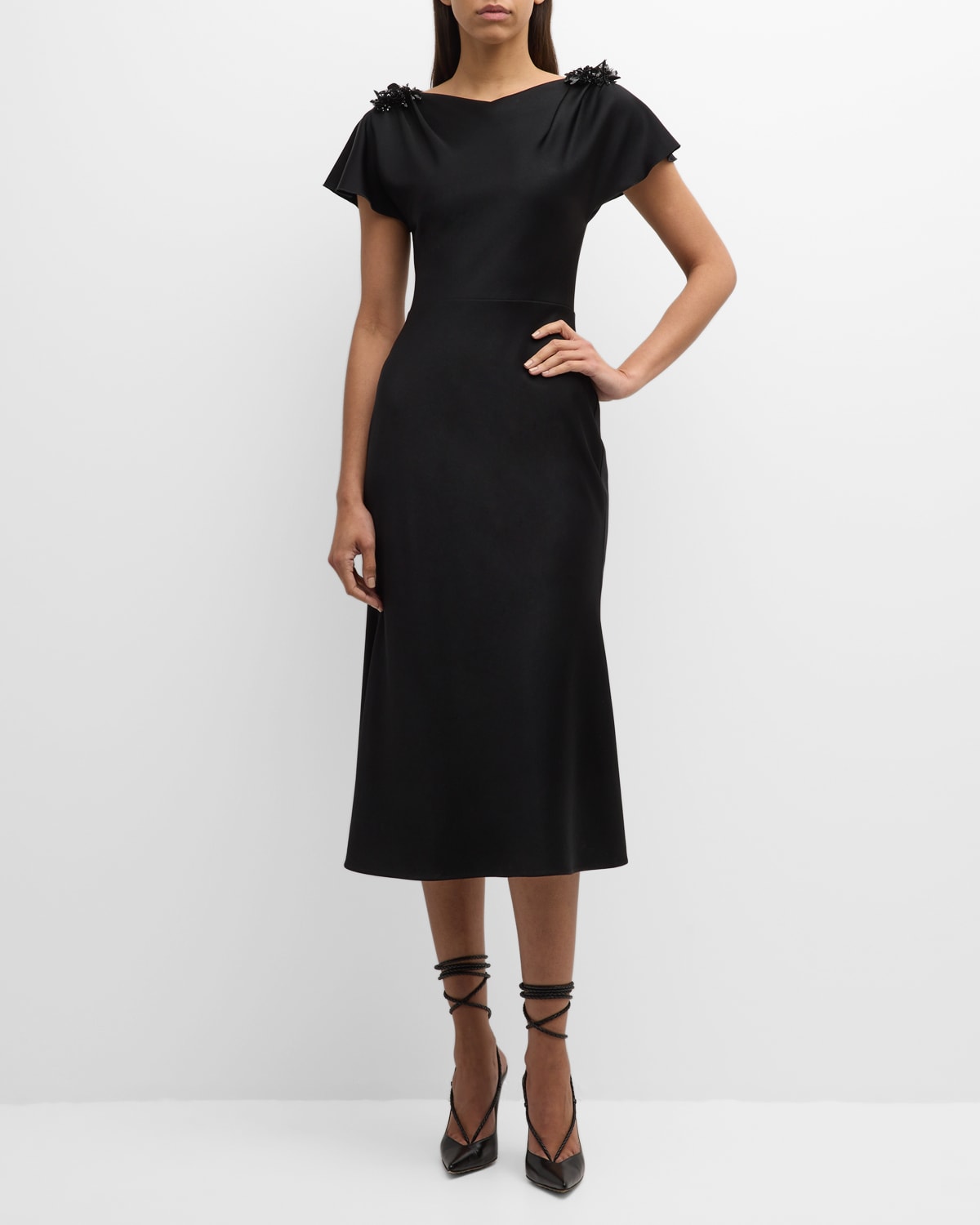 Shop Jason Wu Collection A-line Midi Dress With Beaded Shoulder Details In Black