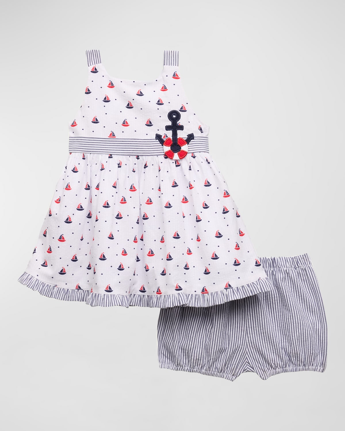 Girl's Sailboat-Print Seersucker Anchor Dress with Bloomers, Size 6M-24M