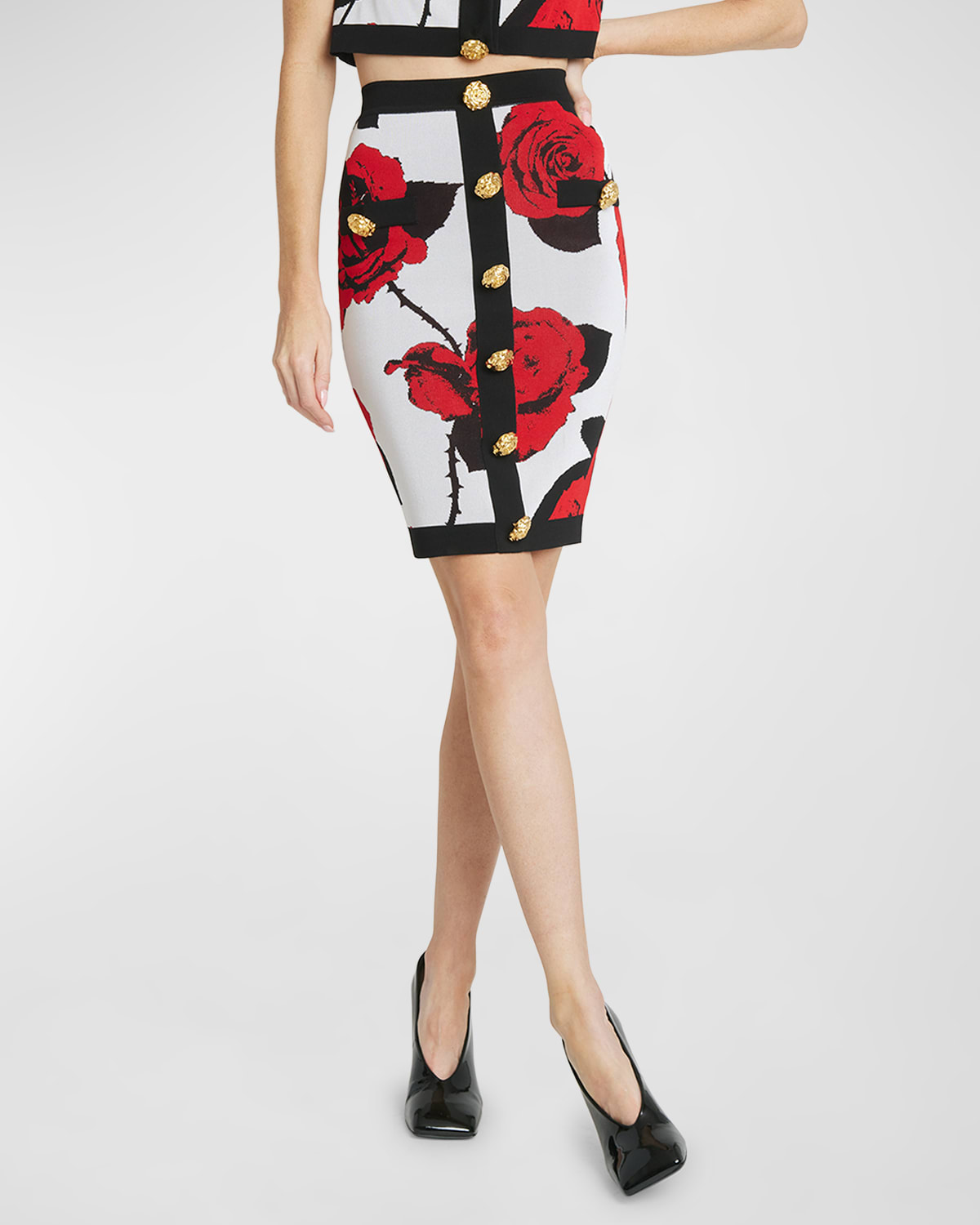 Balmain Rose Print Knit Pencil Skirt With Button Detail In White Black Red