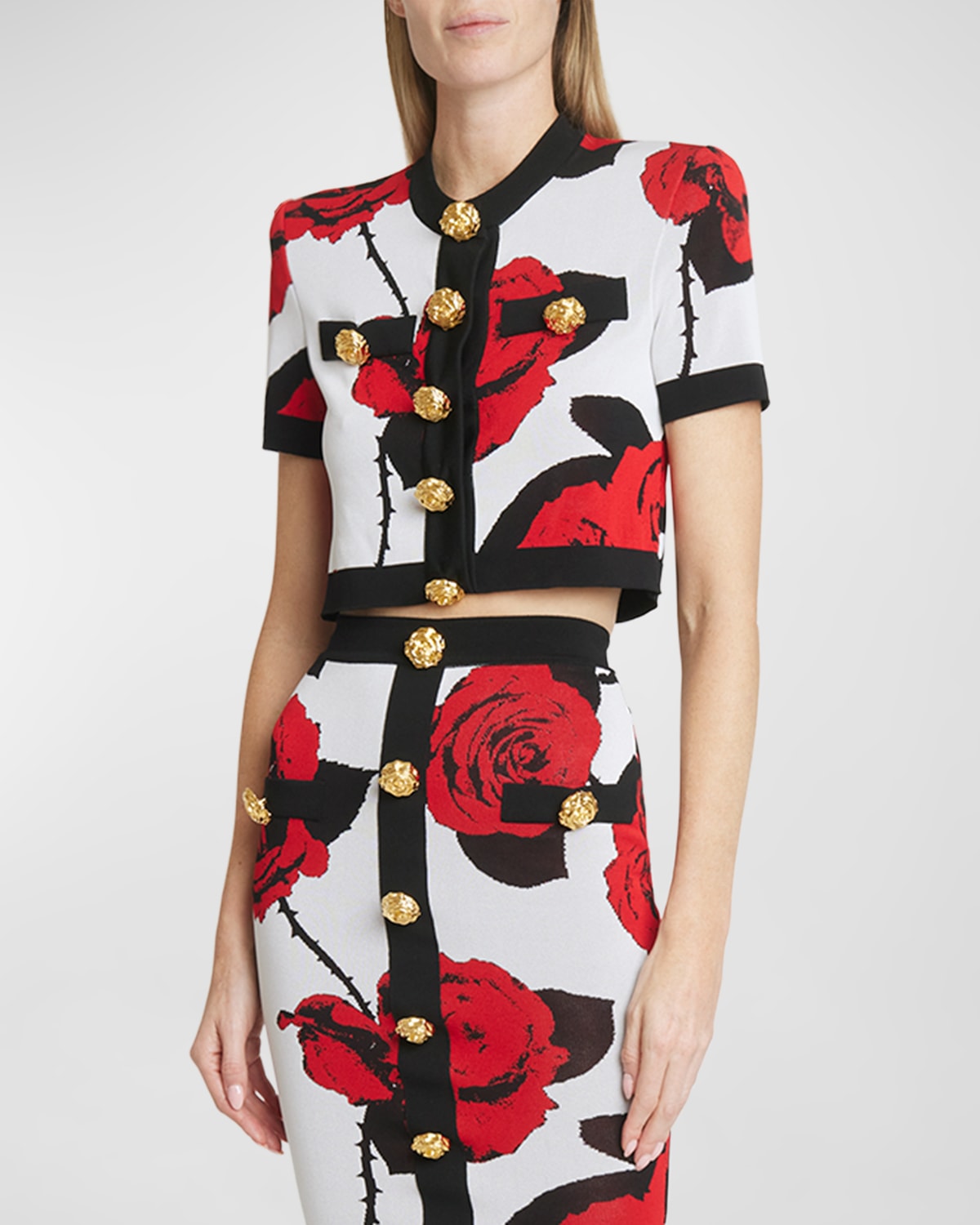 Balmain Cropped Rose Print Button-down Cardigan In Red