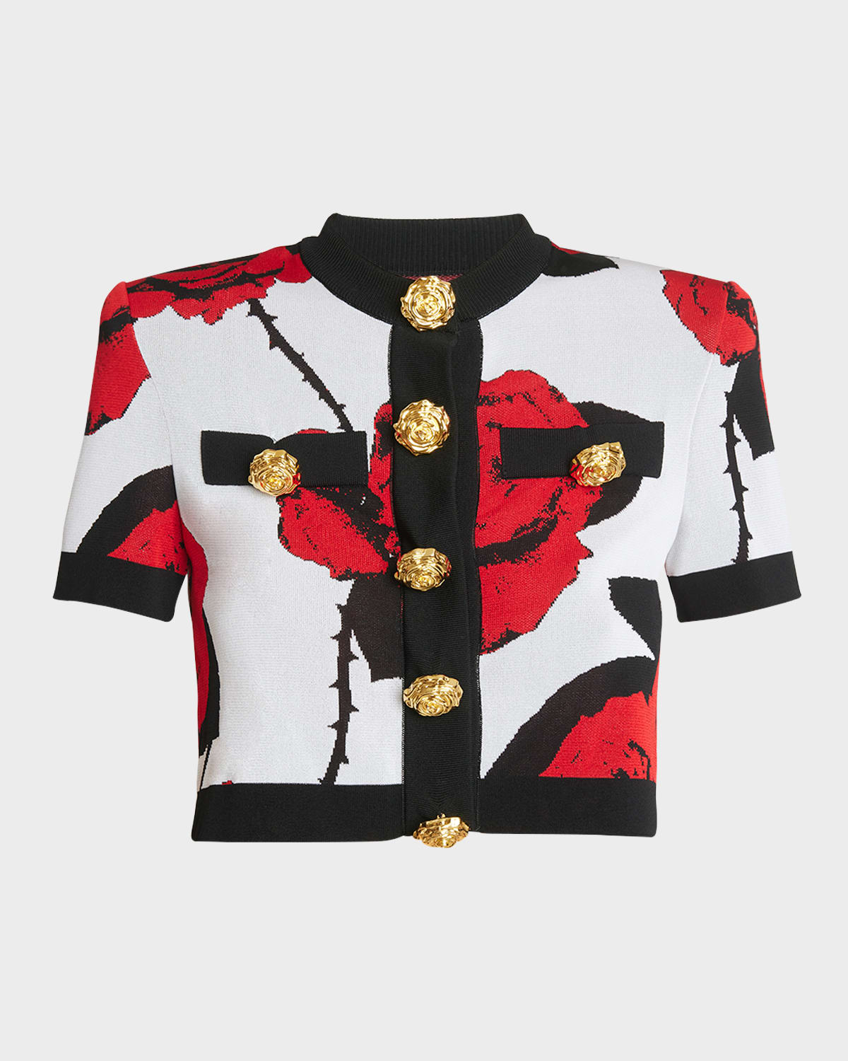 Shop Balmain Cropped Rose Print Button-down Cardigan In White Black Red