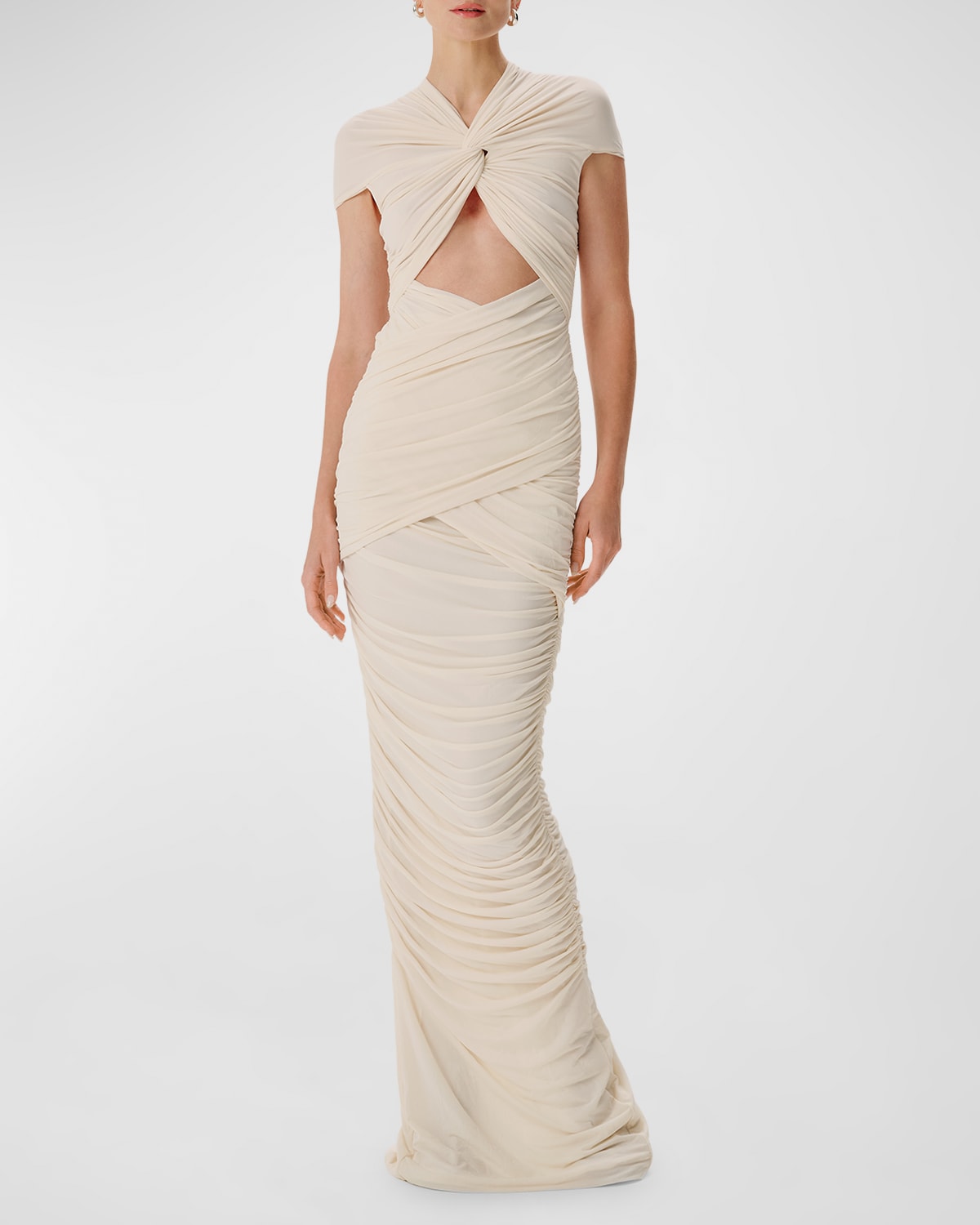 Shop Ronny Kobo Nasha Cutout Wrapped Jersey Cap-sleeve Gown In Ecru