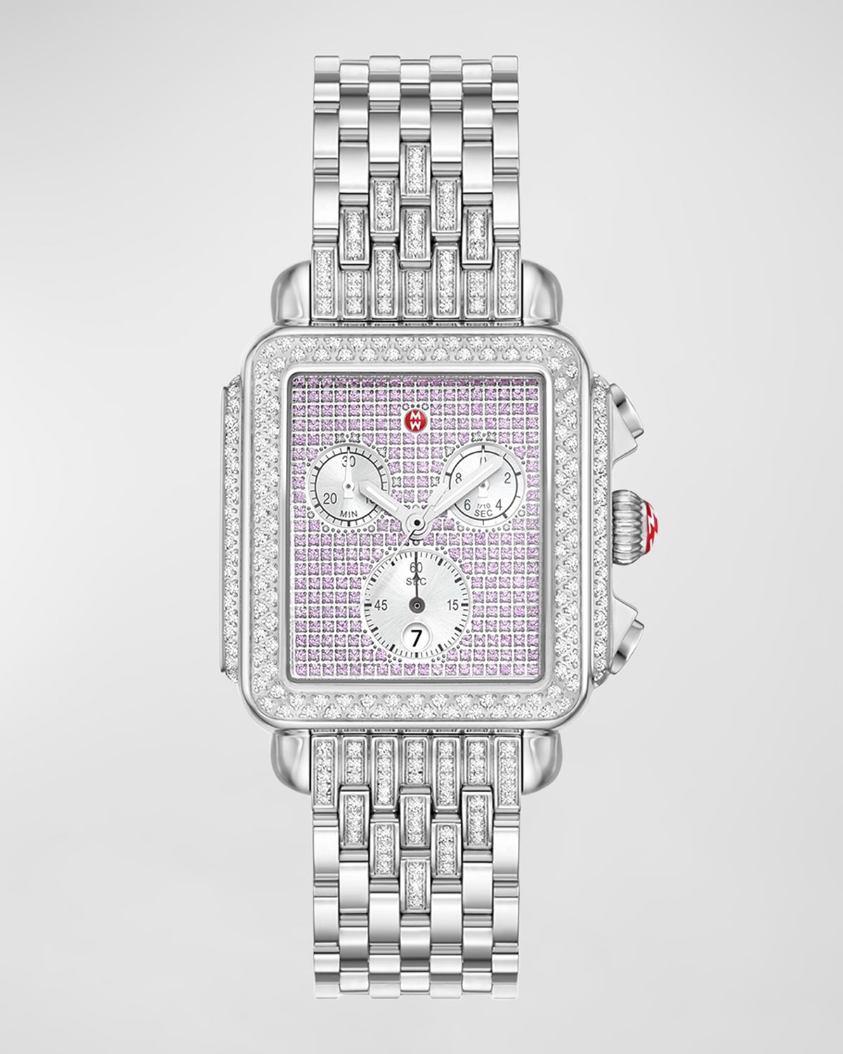 Michele Deco Diamond Dial And Pave Pink Sapphire Watch In White