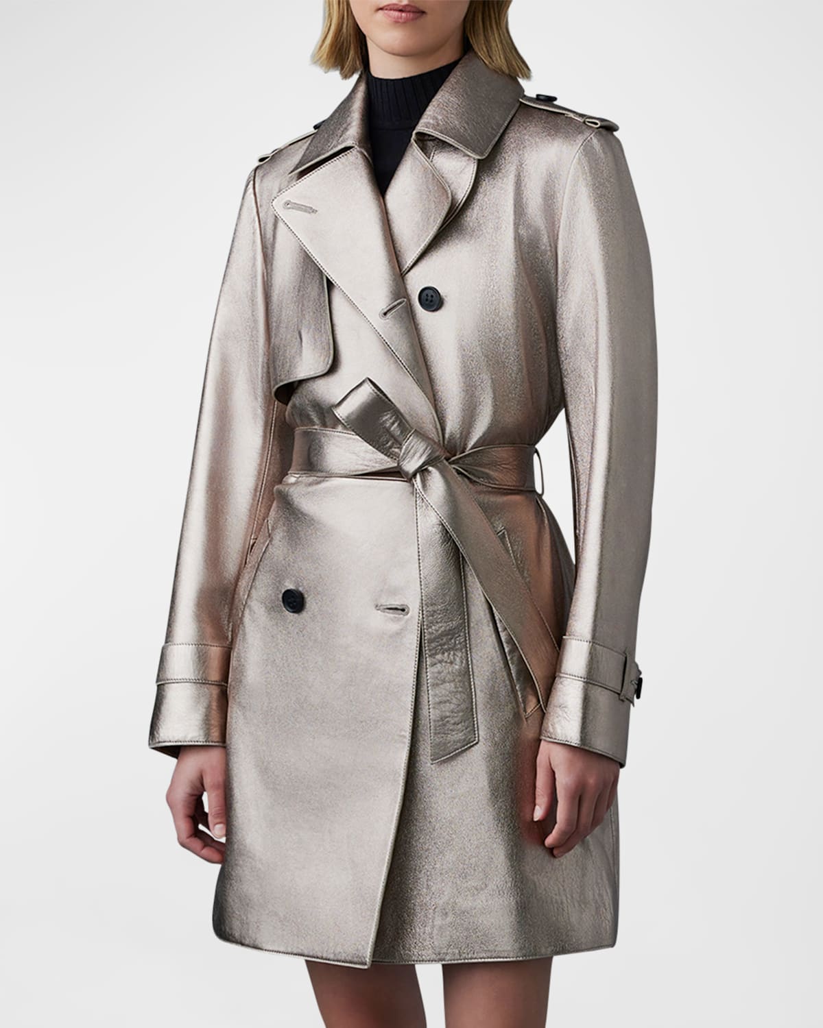 Mackage Mely Long Metallic Leather Trench Coat In Quartz