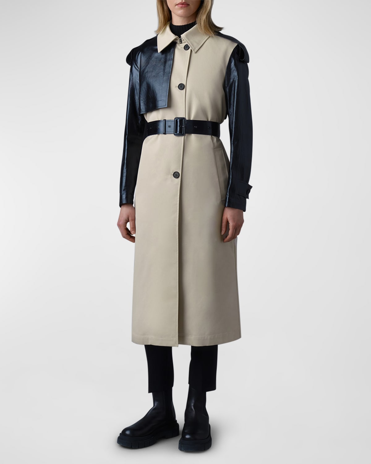 Leiko Water-Repellant Two-Toned Twill and Leather Trench Coat