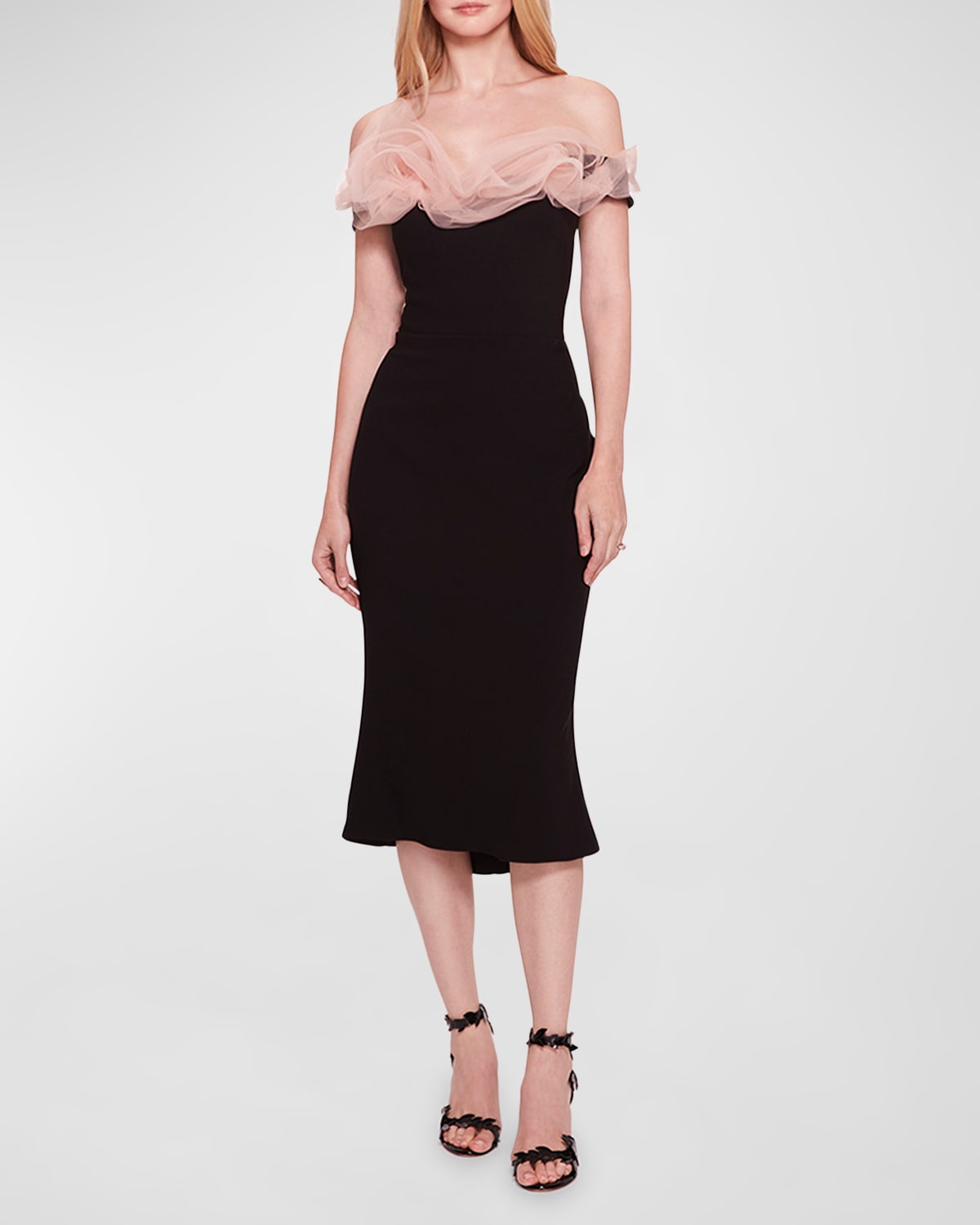 Fitted Midi Dress with Ruffle Neckline