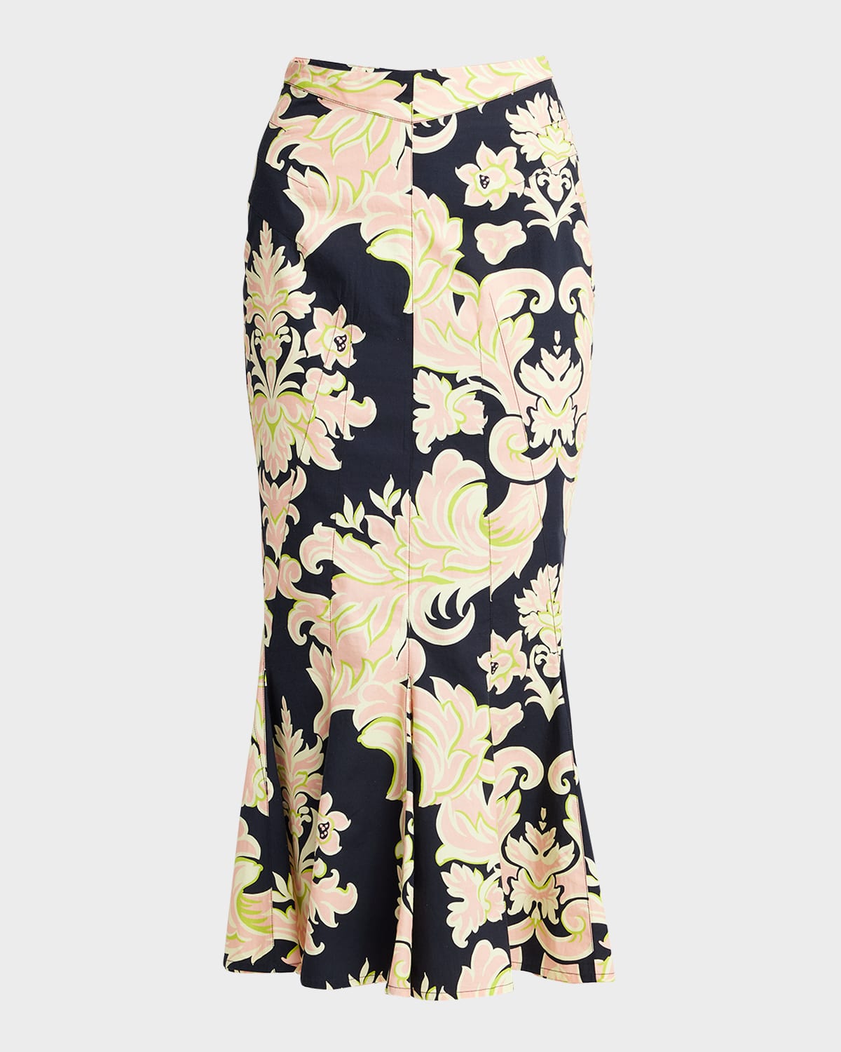 Tropical-Print Paneled Midi Trumpet Skirt